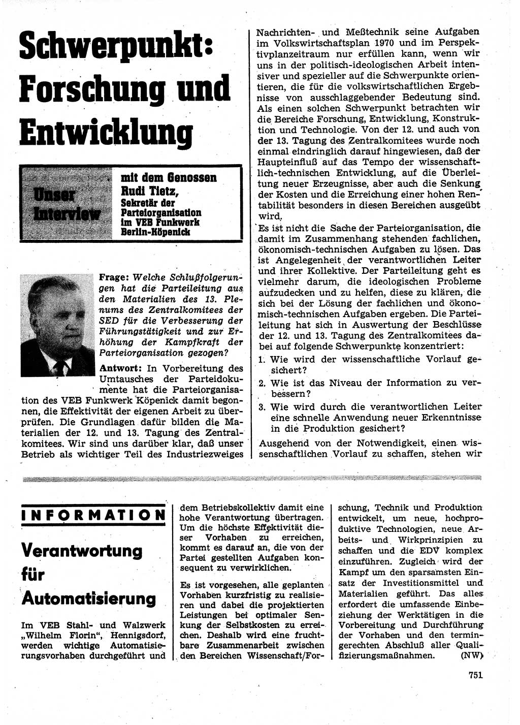 Neuer Weg (NW), Organ des Zentralkomitees (ZK) der SED (Sozialistische Einheitspartei Deutschlands) für Fragen des Parteilebens, 25. Jahrgang [Deutsche Demokratische Republik (DDR)] 1970, Seite 751 (NW ZK SED DDR 1970, S. 751)