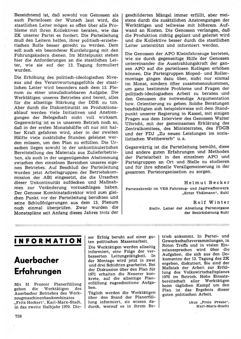 Neuer Weg (NW), Organ des Zentralkomitees (ZK) der SED (Sozialistische Einheitspartei Deutschlands) für Fragen des Parteilebens, 25. Jahrgang [Deutsche Demokratische Republik (DDR)] 1970, Seite 758 (NW ZK SED DDR 1970, S. 758)