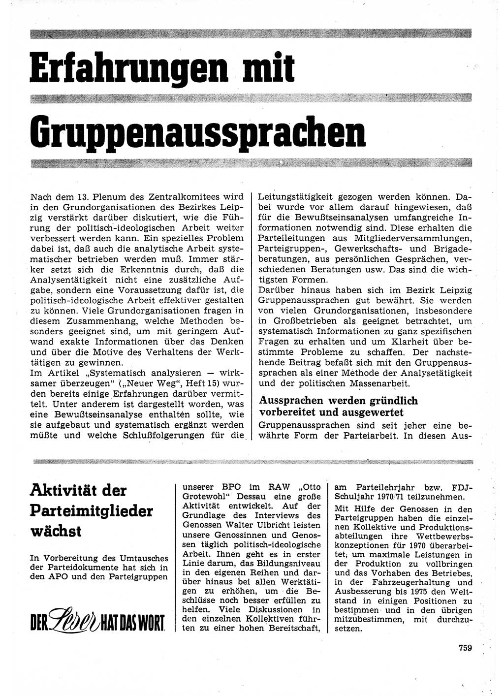 Neuer Weg (NW), Organ des Zentralkomitees (ZK) der SED (Sozialistische Einheitspartei Deutschlands) für Fragen des Parteilebens, 25. Jahrgang [Deutsche Demokratische Republik (DDR)] 1970, Seite 759 (NW ZK SED DDR 1970, S. 759)