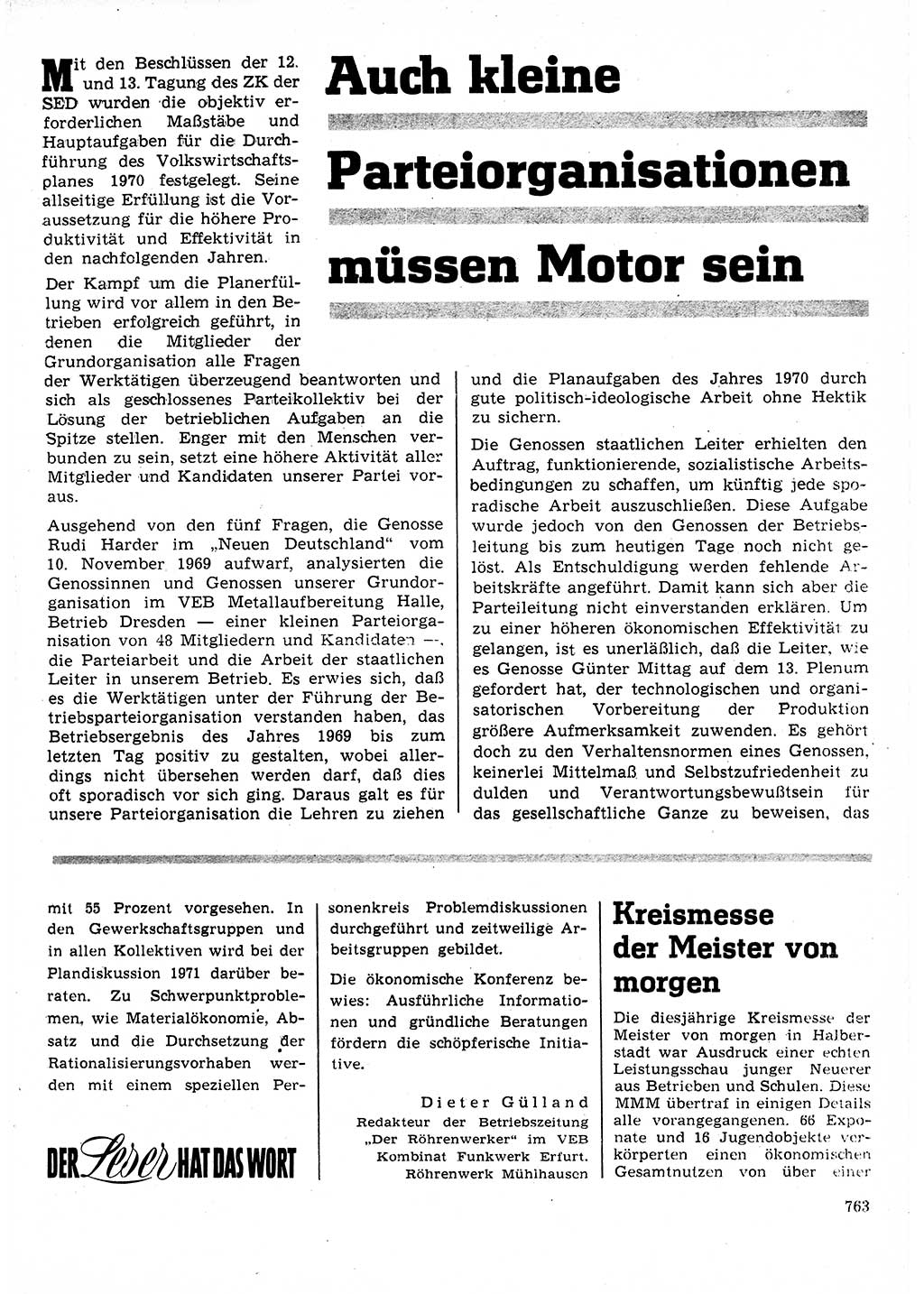 Neuer Weg (NW), Organ des Zentralkomitees (ZK) der SED (Sozialistische Einheitspartei Deutschlands) für Fragen des Parteilebens, 25. Jahrgang [Deutsche Demokratische Republik (DDR)] 1970, Seite 763 (NW ZK SED DDR 1970, S. 763)