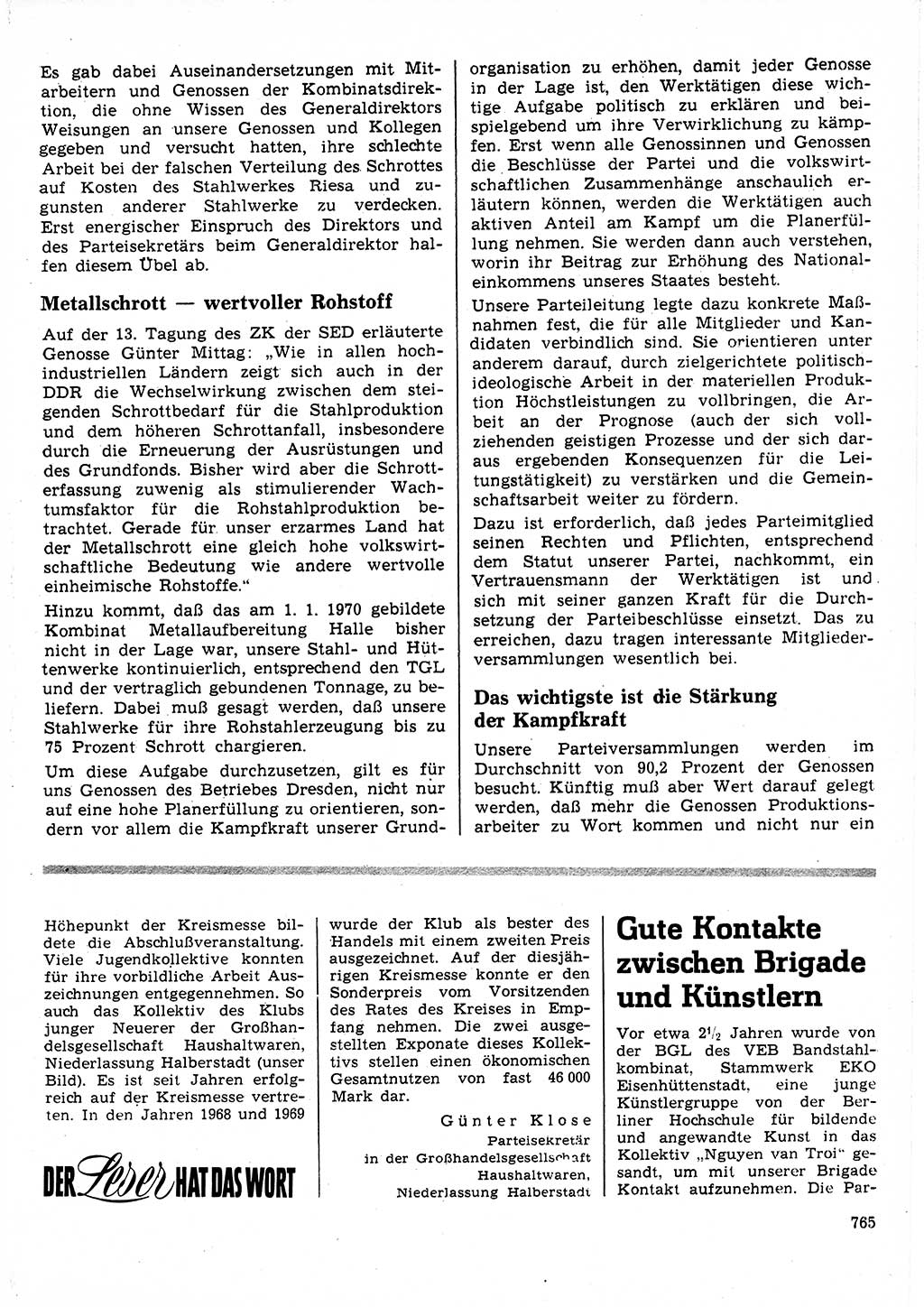 Neuer Weg (NW), Organ des Zentralkomitees (ZK) der SED (Sozialistische Einheitspartei Deutschlands) für Fragen des Parteilebens, 25. Jahrgang [Deutsche Demokratische Republik (DDR)] 1970, Seite 765 (NW ZK SED DDR 1970, S. 765)