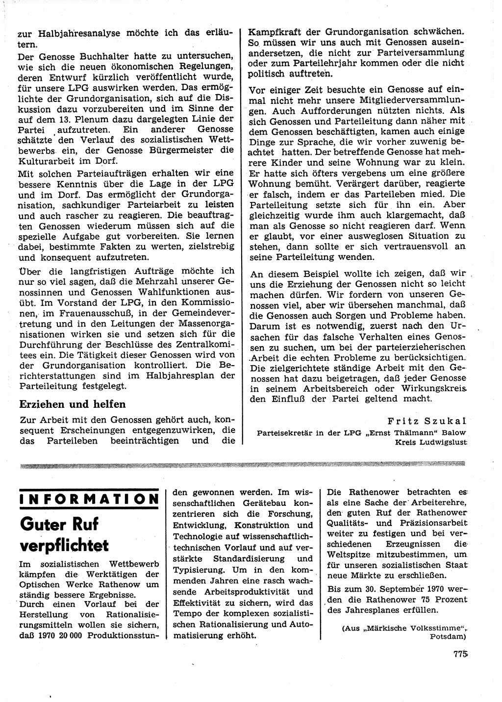 Neuer Weg (NW), Organ des Zentralkomitees (ZK) der SED (Sozialistische Einheitspartei Deutschlands) für Fragen des Parteilebens, 25. Jahrgang [Deutsche Demokratische Republik (DDR)] 1970, Seite 775 (NW ZK SED DDR 1970, S. 775)