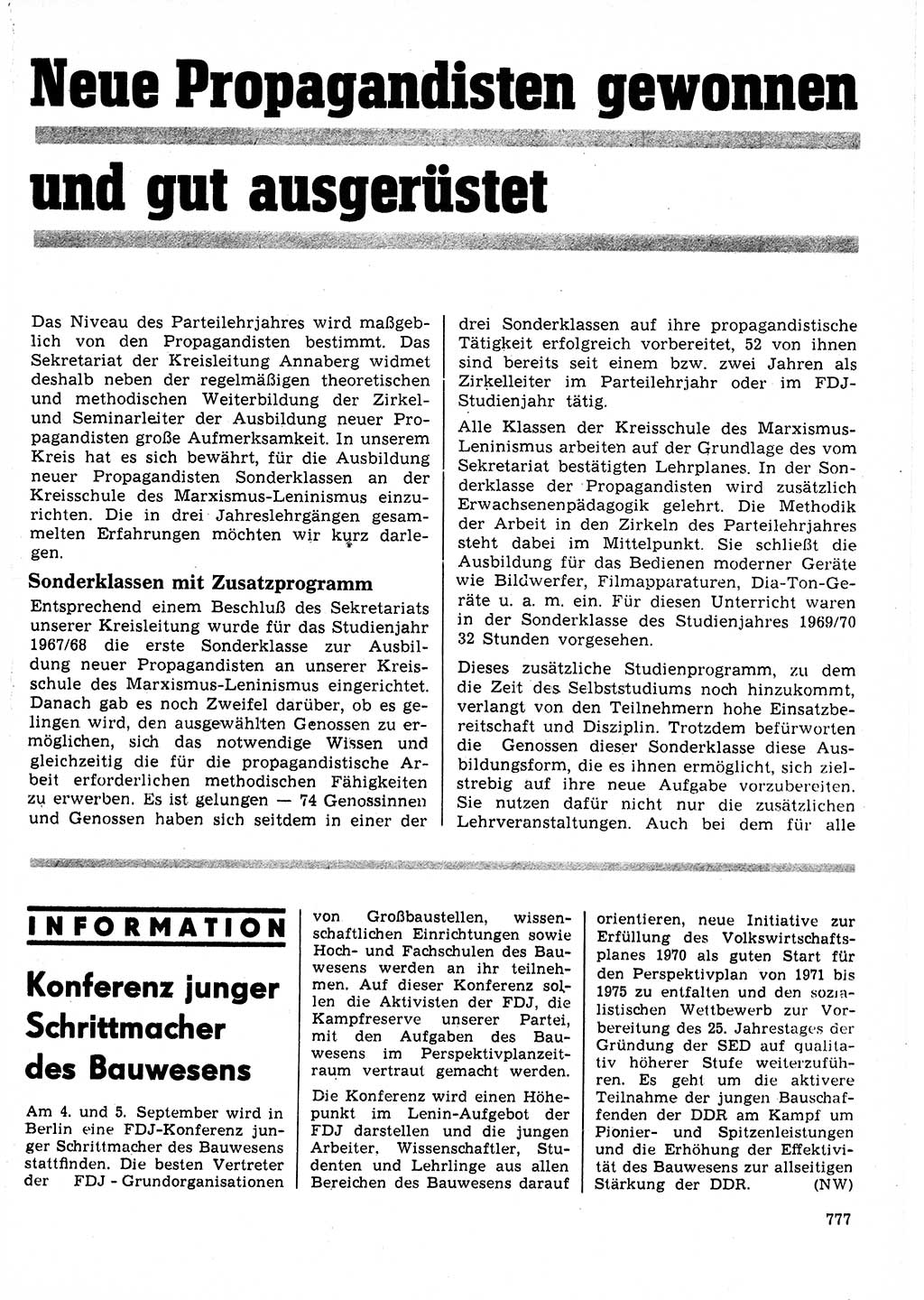 Neuer Weg (NW), Organ des Zentralkomitees (ZK) der SED (Sozialistische Einheitspartei Deutschlands) für Fragen des Parteilebens, 25. Jahrgang [Deutsche Demokratische Republik (DDR)] 1970, Seite 777 (NW ZK SED DDR 1970, S. 777)