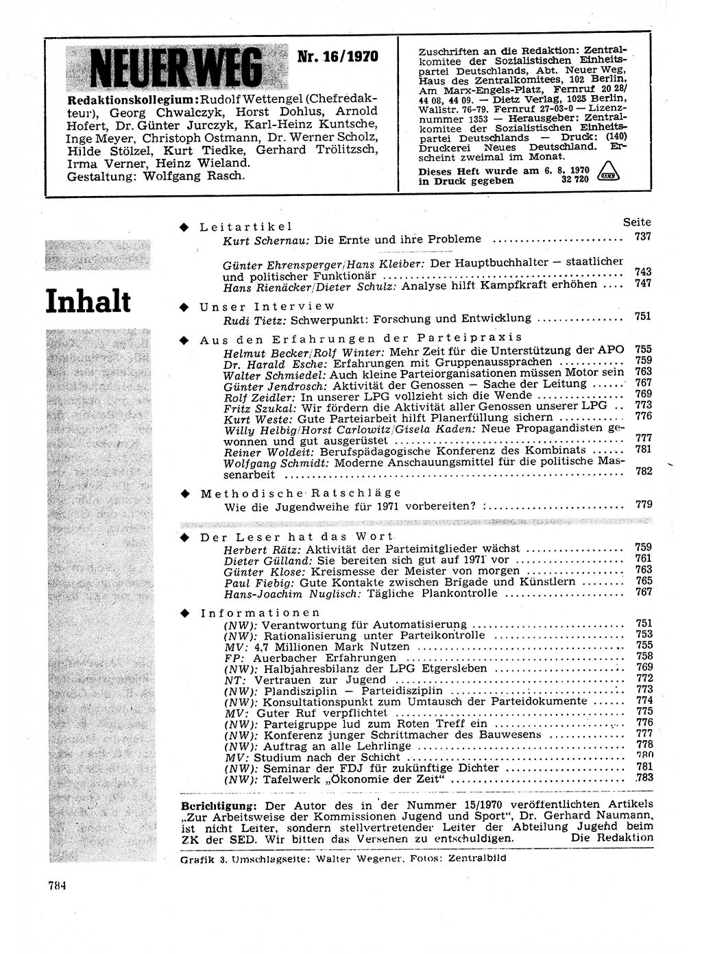 Neuer Weg (NW), Organ des Zentralkomitees (ZK) der SED (Sozialistische Einheitspartei Deutschlands) für Fragen des Parteilebens, 25. Jahrgang [Deutsche Demokratische Republik (DDR)] 1970, Seite 784 (NW ZK SED DDR 1970, S. 784)