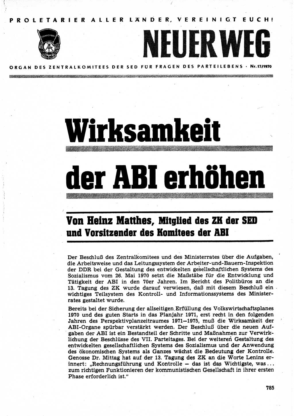 Neuer Weg (NW), Organ des Zentralkomitees (ZK) der SED (Sozialistische Einheitspartei Deutschlands) für Fragen des Parteilebens, 25. Jahrgang [Deutsche Demokratische Republik (DDR)] 1970, Seite 785 (NW ZK SED DDR 1970, S. 785)