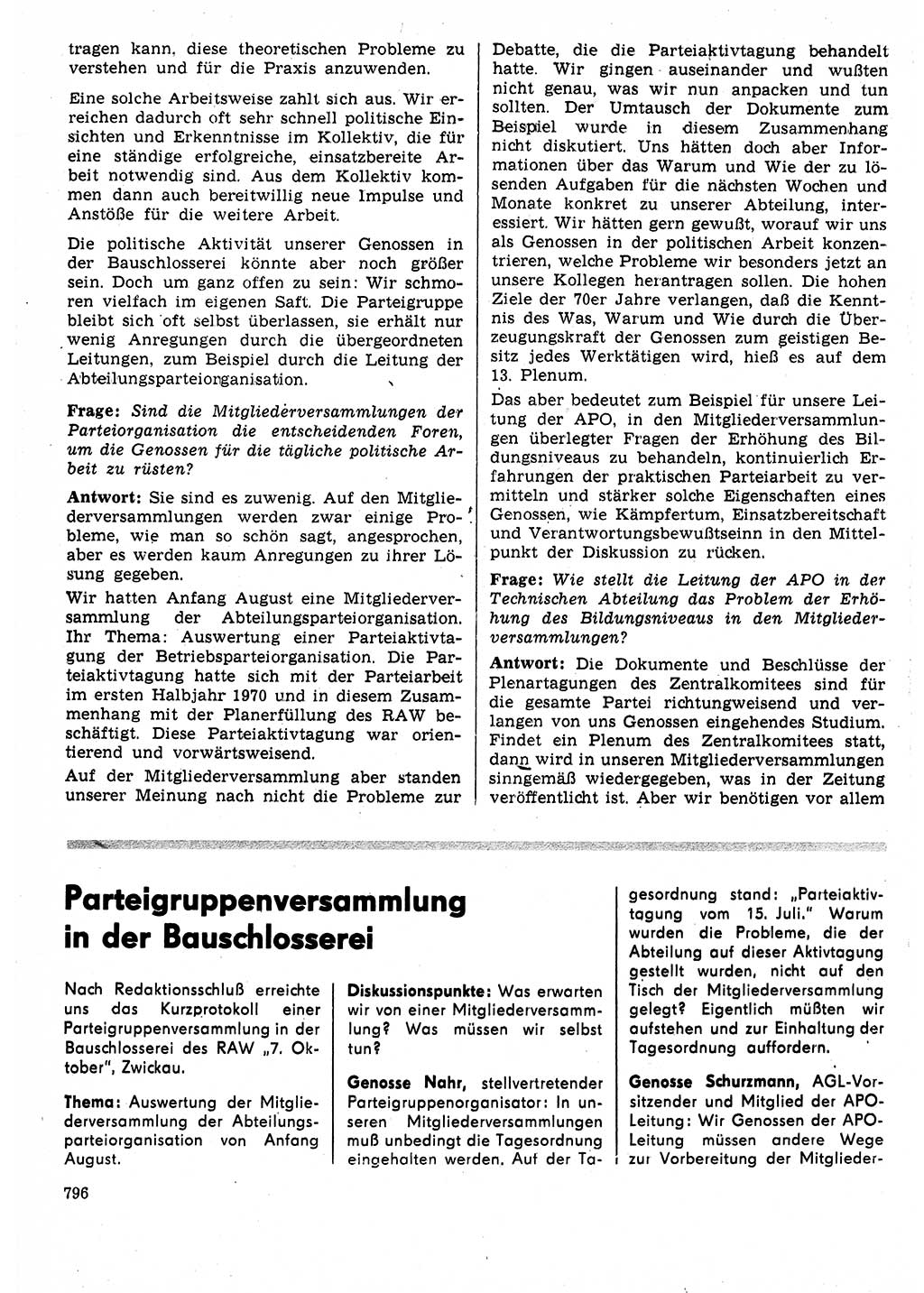 Neuer Weg (NW), Organ des Zentralkomitees (ZK) der SED (Sozialistische Einheitspartei Deutschlands) für Fragen des Parteilebens, 25. Jahrgang [Deutsche Demokratische Republik (DDR)] 1970, Seite 796 (NW ZK SED DDR 1970, S. 796)