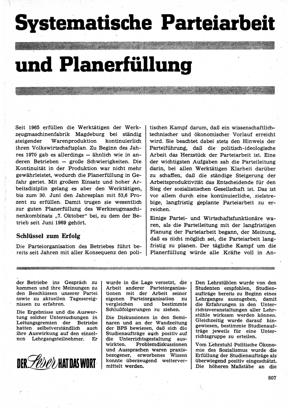 Neuer Weg (NW), Organ des Zentralkomitees (ZK) der SED (Sozialistische Einheitspartei Deutschlands) für Fragen des Parteilebens, 25. Jahrgang [Deutsche Demokratische Republik (DDR)] 1970, Seite 807 (NW ZK SED DDR 1970, S. 807)