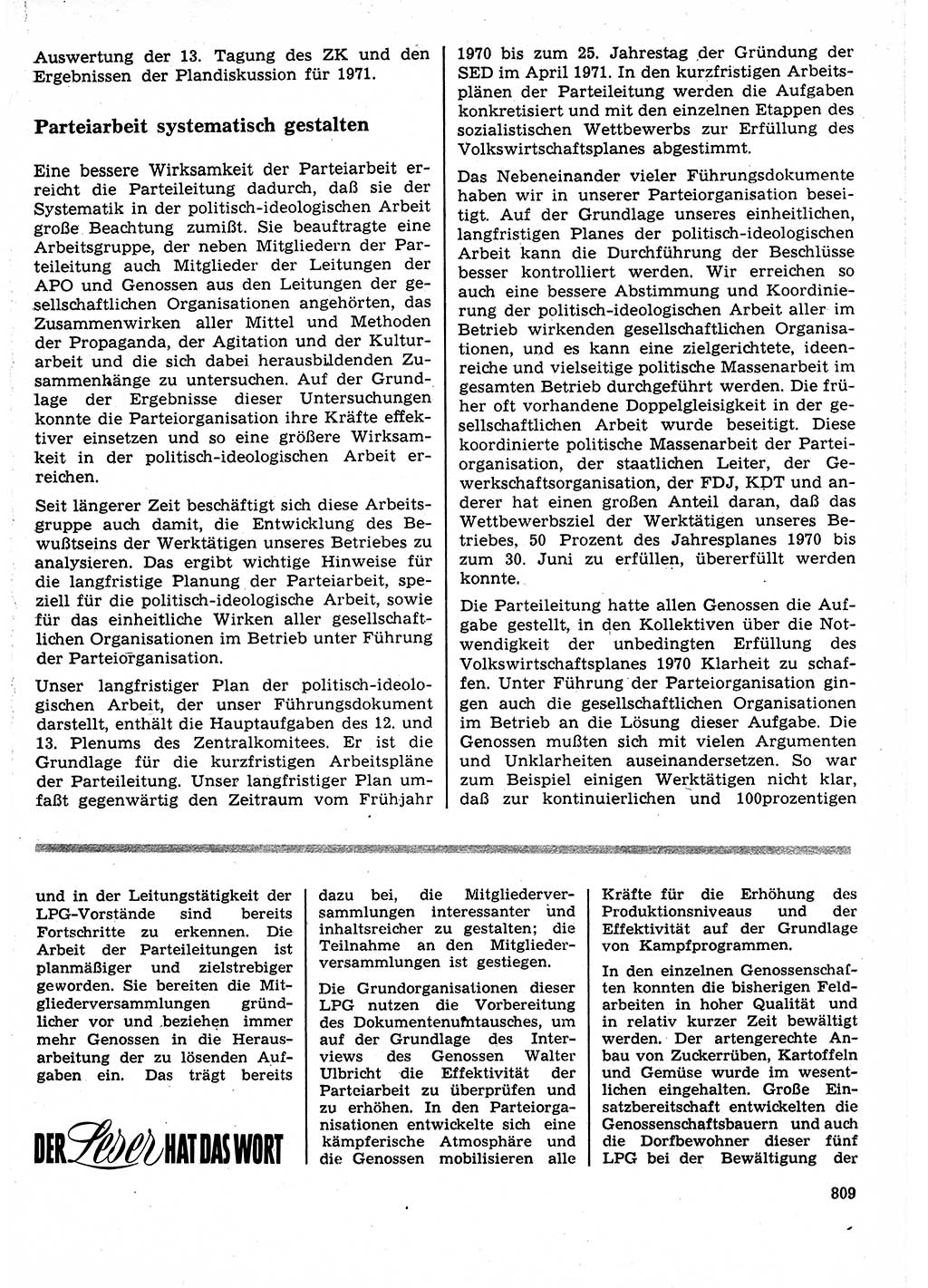 Neuer Weg (NW), Organ des Zentralkomitees (ZK) der SED (Sozialistische Einheitspartei Deutschlands) für Fragen des Parteilebens, 25. Jahrgang [Deutsche Demokratische Republik (DDR)] 1970, Seite 809 (NW ZK SED DDR 1970, S. 809)