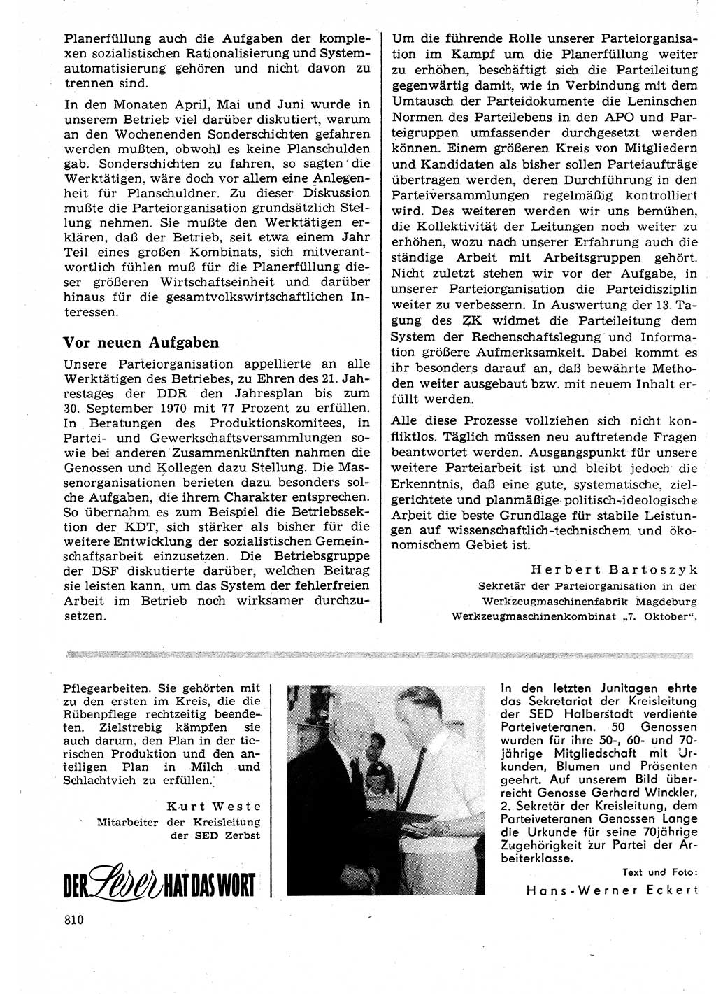 Neuer Weg (NW), Organ des Zentralkomitees (ZK) der SED (Sozialistische Einheitspartei Deutschlands) für Fragen des Parteilebens, 25. Jahrgang [Deutsche Demokratische Republik (DDR)] 1970, Seite 810 (NW ZK SED DDR 1970, S. 810)