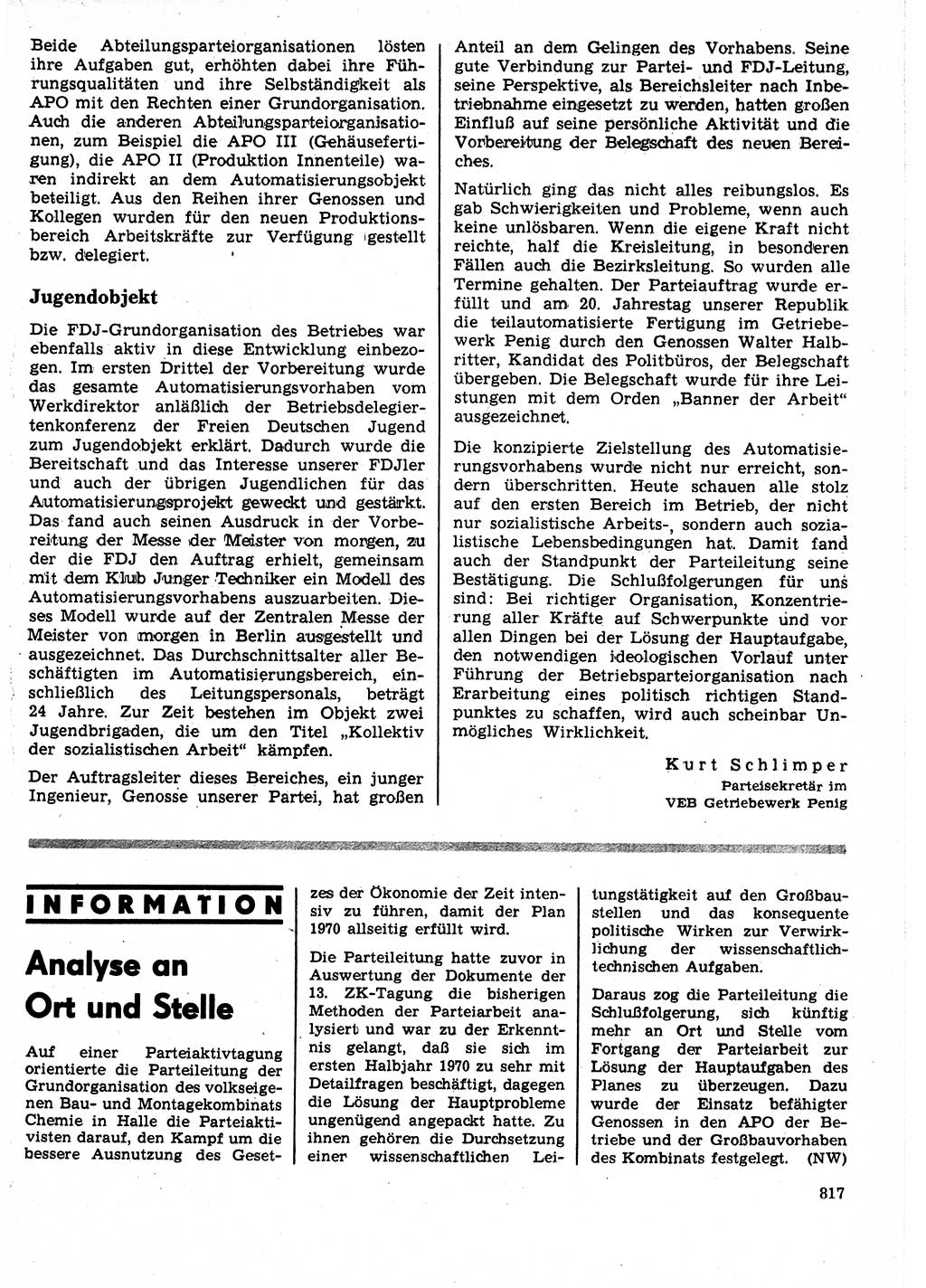 Neuer Weg (NW), Organ des Zentralkomitees (ZK) der SED (Sozialistische Einheitspartei Deutschlands) für Fragen des Parteilebens, 25. Jahrgang [Deutsche Demokratische Republik (DDR)] 1970, Seite 817 (NW ZK SED DDR 1970, S. 817)