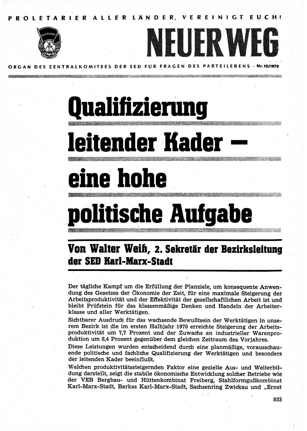 Neuer Weg (NW), Organ des Zentralkomitees (ZK) der SED (Sozialistische Einheitspartei Deutschlands) für Fragen des Parteilebens, 25. Jahrgang [Deutsche Demokratische Republik (DDR)] 1970, Seite 833 (NW ZK SED DDR 1970, S. 833)