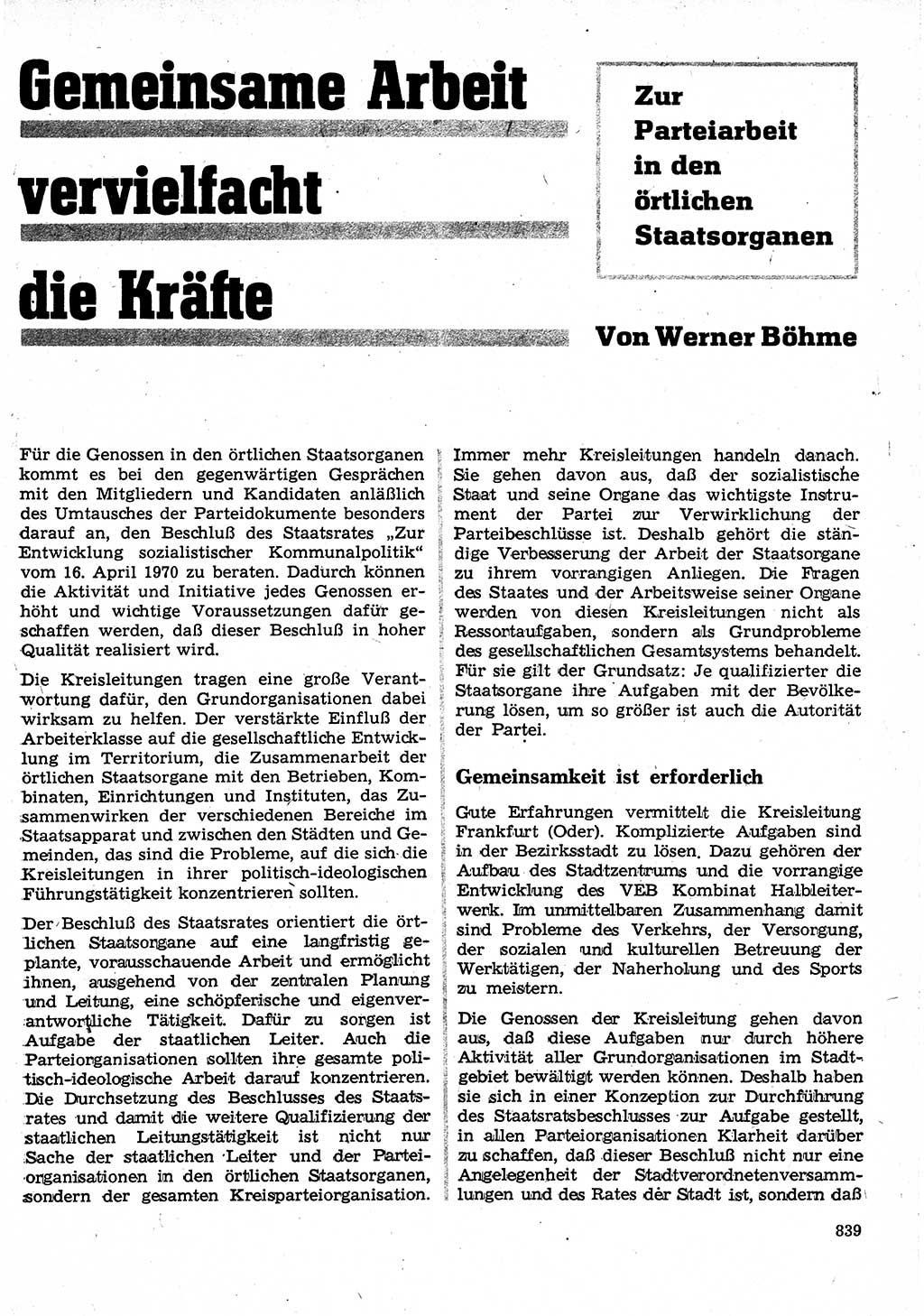 Neuer Weg (NW), Organ des Zentralkomitees (ZK) der SED (Sozialistische Einheitspartei Deutschlands) für Fragen des Parteilebens, 25. Jahrgang [Deutsche Demokratische Republik (DDR)] 1970, Seite 839 (NW ZK SED DDR 1970, S. 839)