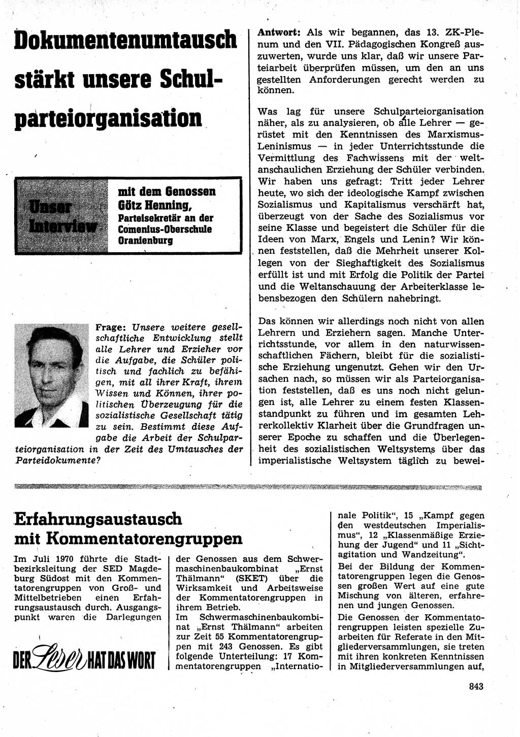 Neuer Weg (NW), Organ des Zentralkomitees (ZK) der SED (Sozialistische Einheitspartei Deutschlands) für Fragen des Parteilebens, 25. Jahrgang [Deutsche Demokratische Republik (DDR)] 1970, Seite 843 (NW ZK SED DDR 1970, S. 843)