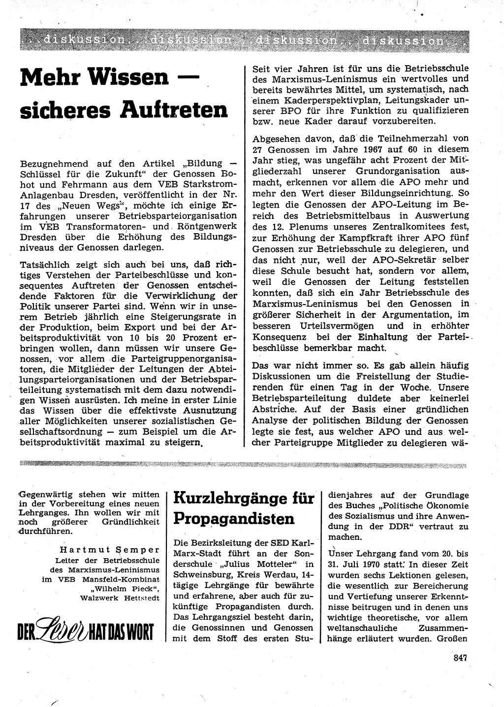 Neuer Weg (NW), Organ des Zentralkomitees (ZK) der SED (Sozialistische Einheitspartei Deutschlands) für Fragen des Parteilebens, 25. Jahrgang [Deutsche Demokratische Republik (DDR)] 1970, Seite 847 (NW ZK SED DDR 1970, S. 847)