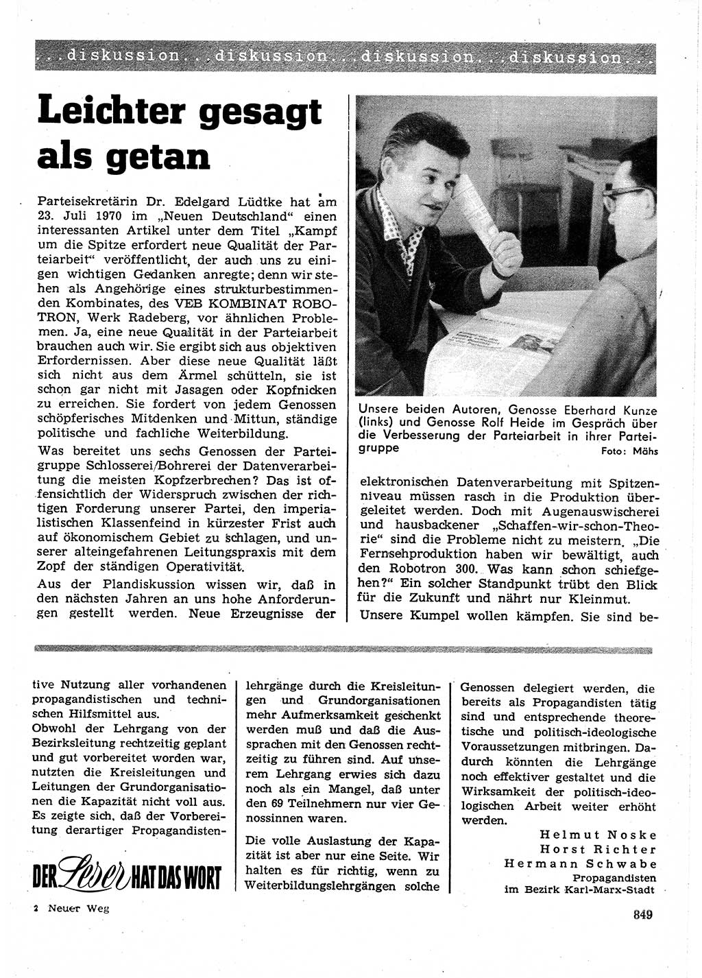 Neuer Weg (NW), Organ des Zentralkomitees (ZK) der SED (Sozialistische Einheitspartei Deutschlands) für Fragen des Parteilebens, 25. Jahrgang [Deutsche Demokratische Republik (DDR)] 1970, Seite 849 (NW ZK SED DDR 1970, S. 849)