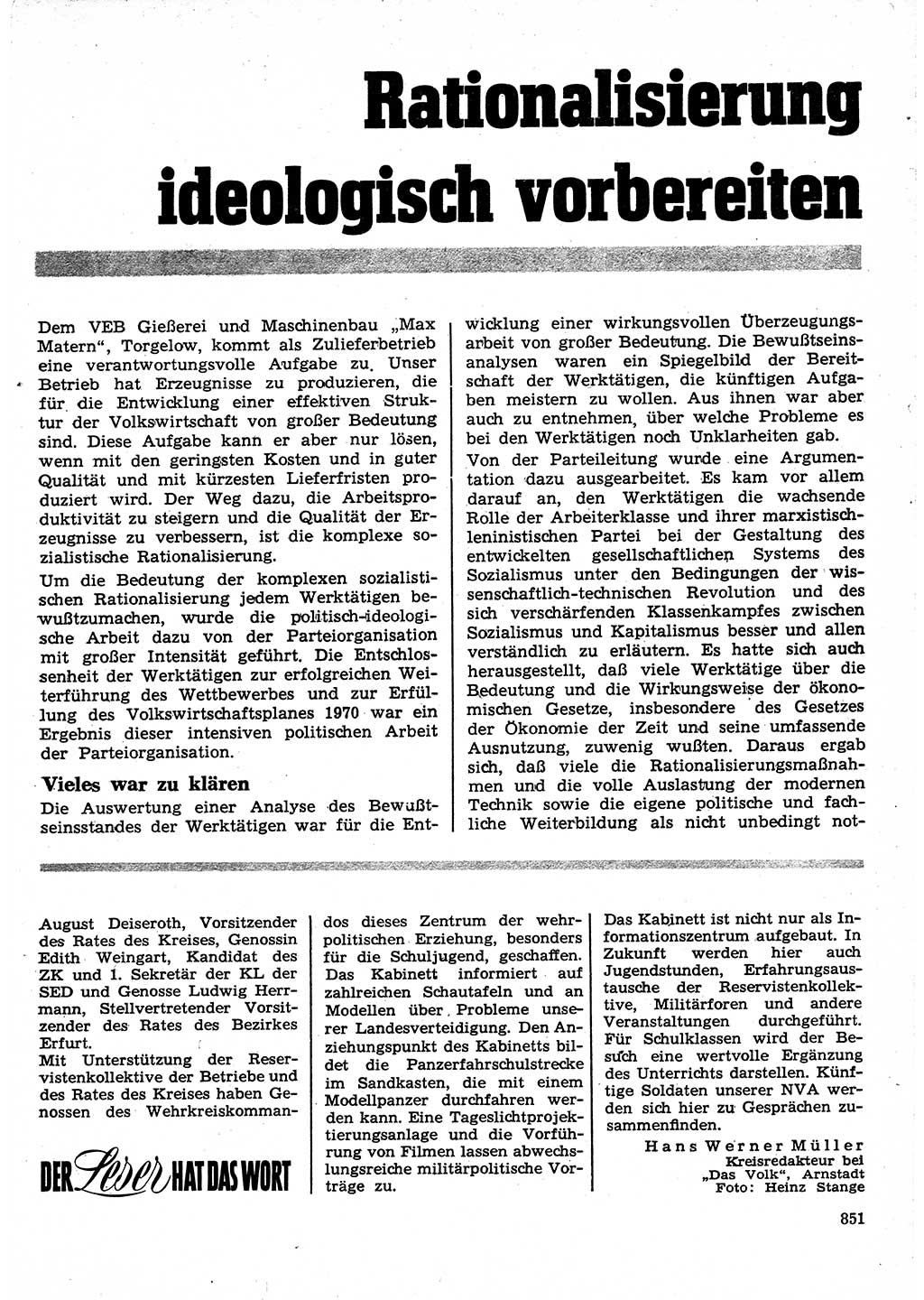 Neuer Weg (NW), Organ des Zentralkomitees (ZK) der SED (Sozialistische Einheitspartei Deutschlands) für Fragen des Parteilebens, 25. Jahrgang [Deutsche Demokratische Republik (DDR)] 1970, Seite 851 (NW ZK SED DDR 1970, S. 851)