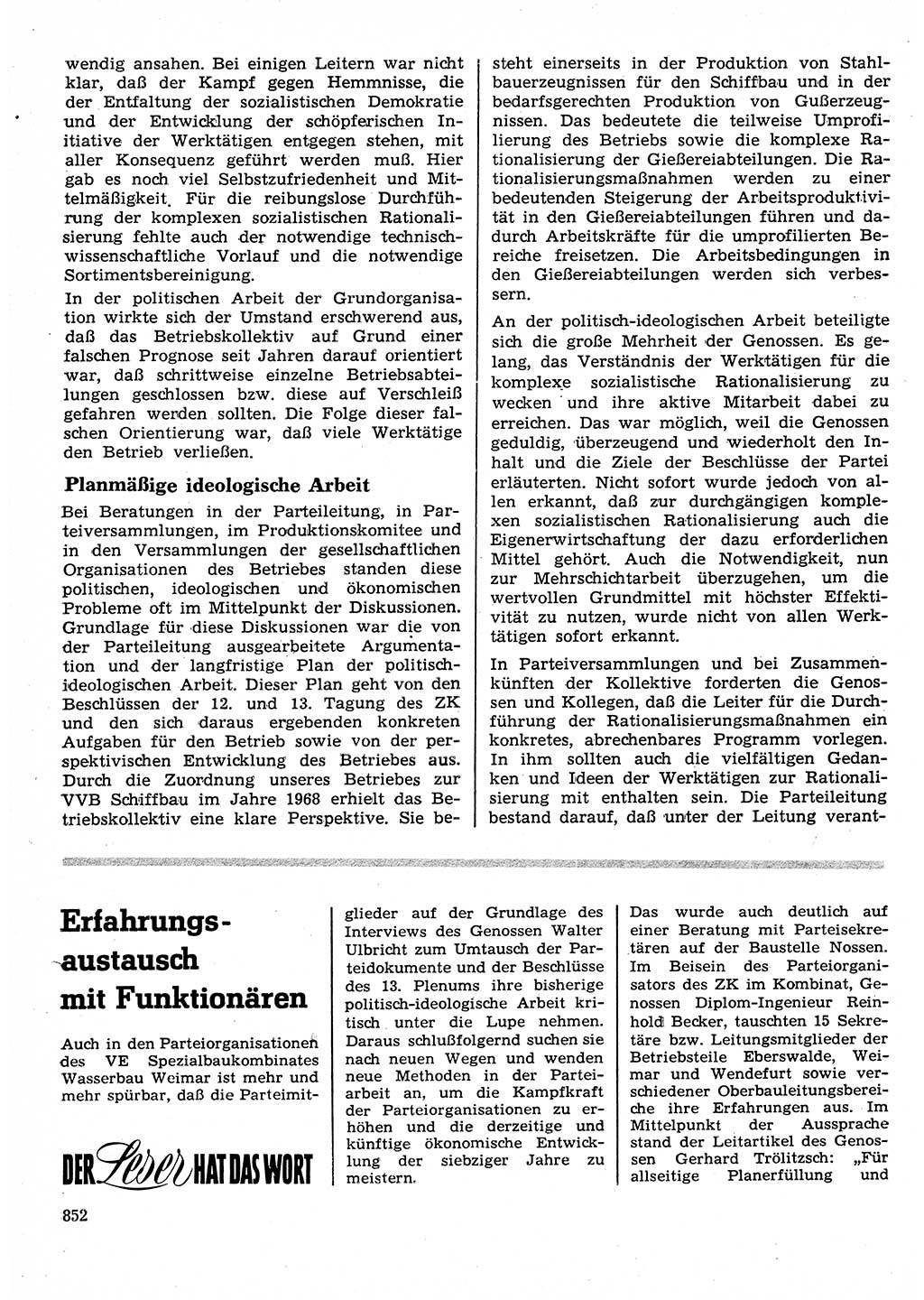 Neuer Weg (NW), Organ des Zentralkomitees (ZK) der SED (Sozialistische Einheitspartei Deutschlands) für Fragen des Parteilebens, 25. Jahrgang [Deutsche Demokratische Republik (DDR)] 1970, Seite 852 (NW ZK SED DDR 1970, S. 852)