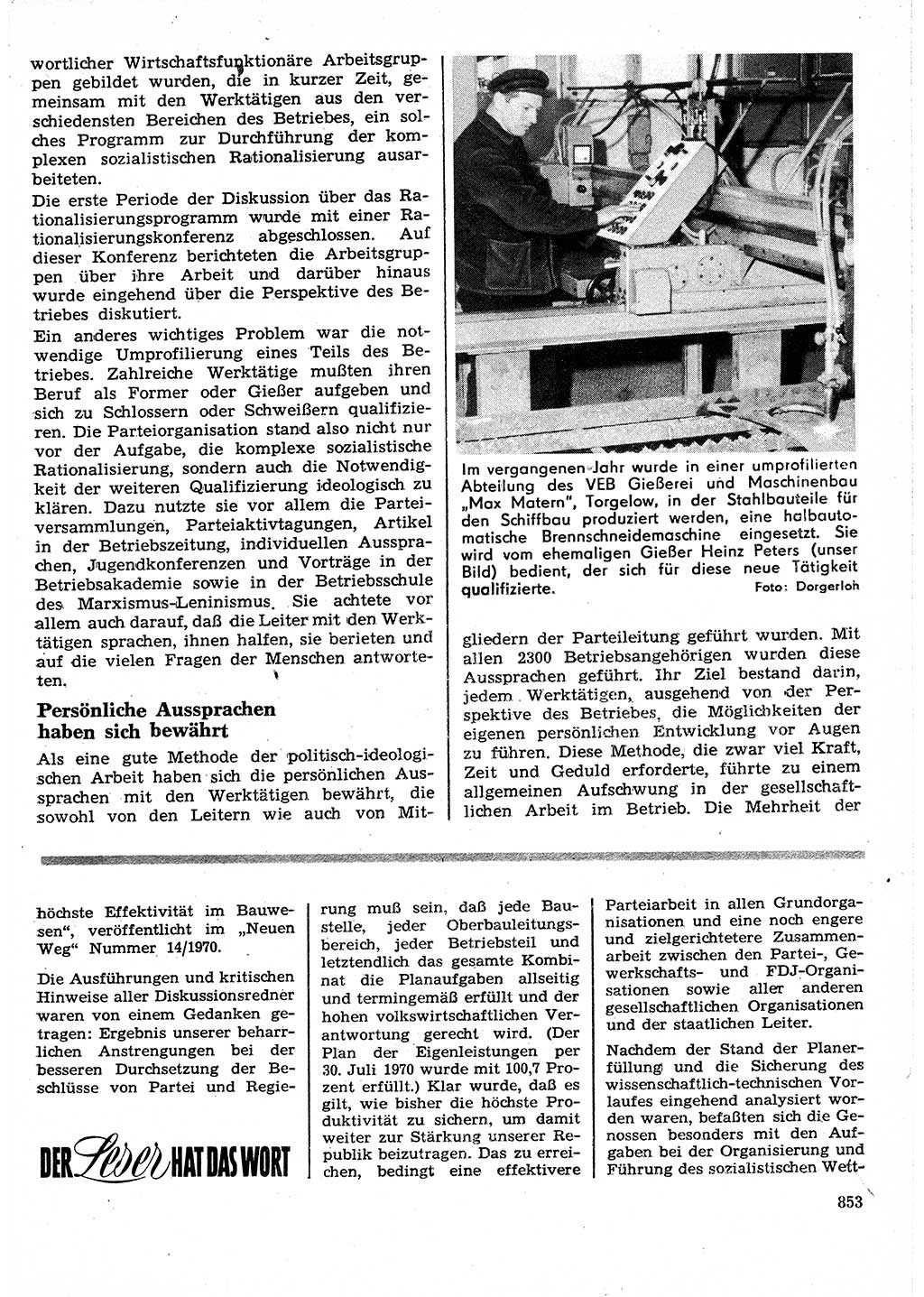 Neuer Weg (NW), Organ des Zentralkomitees (ZK) der SED (Sozialistische Einheitspartei Deutschlands) für Fragen des Parteilebens, 25. Jahrgang [Deutsche Demokratische Republik (DDR)] 1970, Seite 853 (NW ZK SED DDR 1970, S. 853)