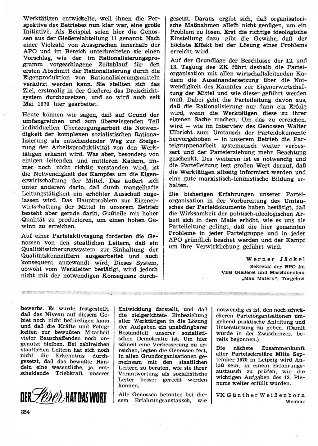 Neuer Weg (NW), Organ des Zentralkomitees (ZK) der SED (Sozialistische Einheitspartei Deutschlands) für Fragen des Parteilebens, 25. Jahrgang [Deutsche Demokratische Republik (DDR)] 1970, Seite 854 (NW ZK SED DDR 1970, S. 854)
