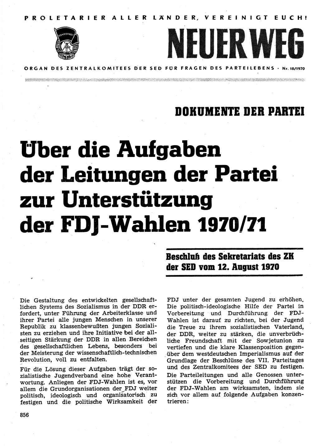 Neuer Weg (NW), Organ des Zentralkomitees (ZK) der SED (Sozialistische Einheitspartei Deutschlands) für Fragen des Parteilebens, 25. Jahrgang [Deutsche Demokratische Republik (DDR)] 1970, Seite 856 (NW ZK SED DDR 1970, S. 856)