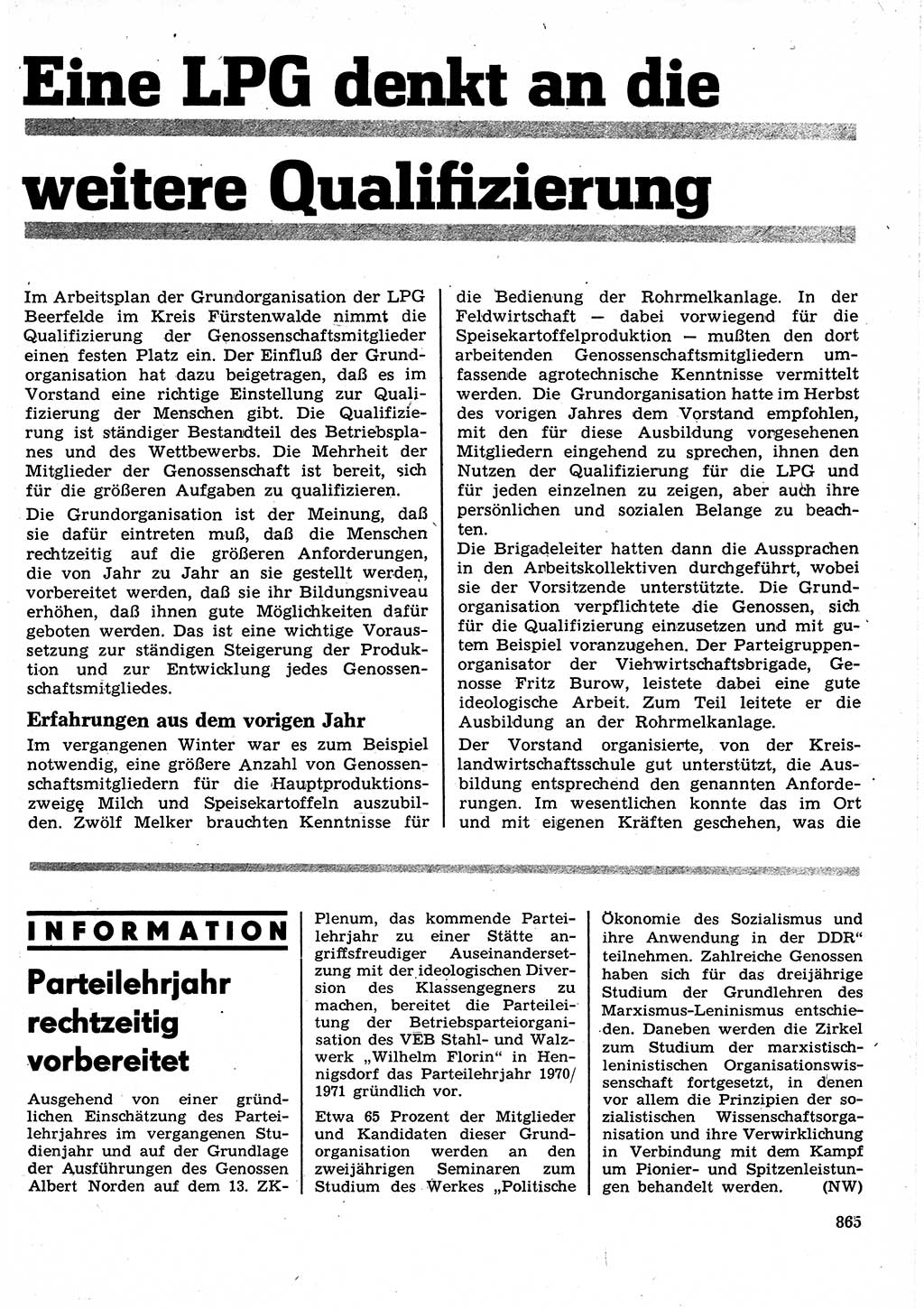 Neuer Weg (NW), Organ des Zentralkomitees (ZK) der SED (Sozialistische Einheitspartei Deutschlands) für Fragen des Parteilebens, 25. Jahrgang [Deutsche Demokratische Republik (DDR)] 1970, Seite 865 (NW ZK SED DDR 1970, S. 865)