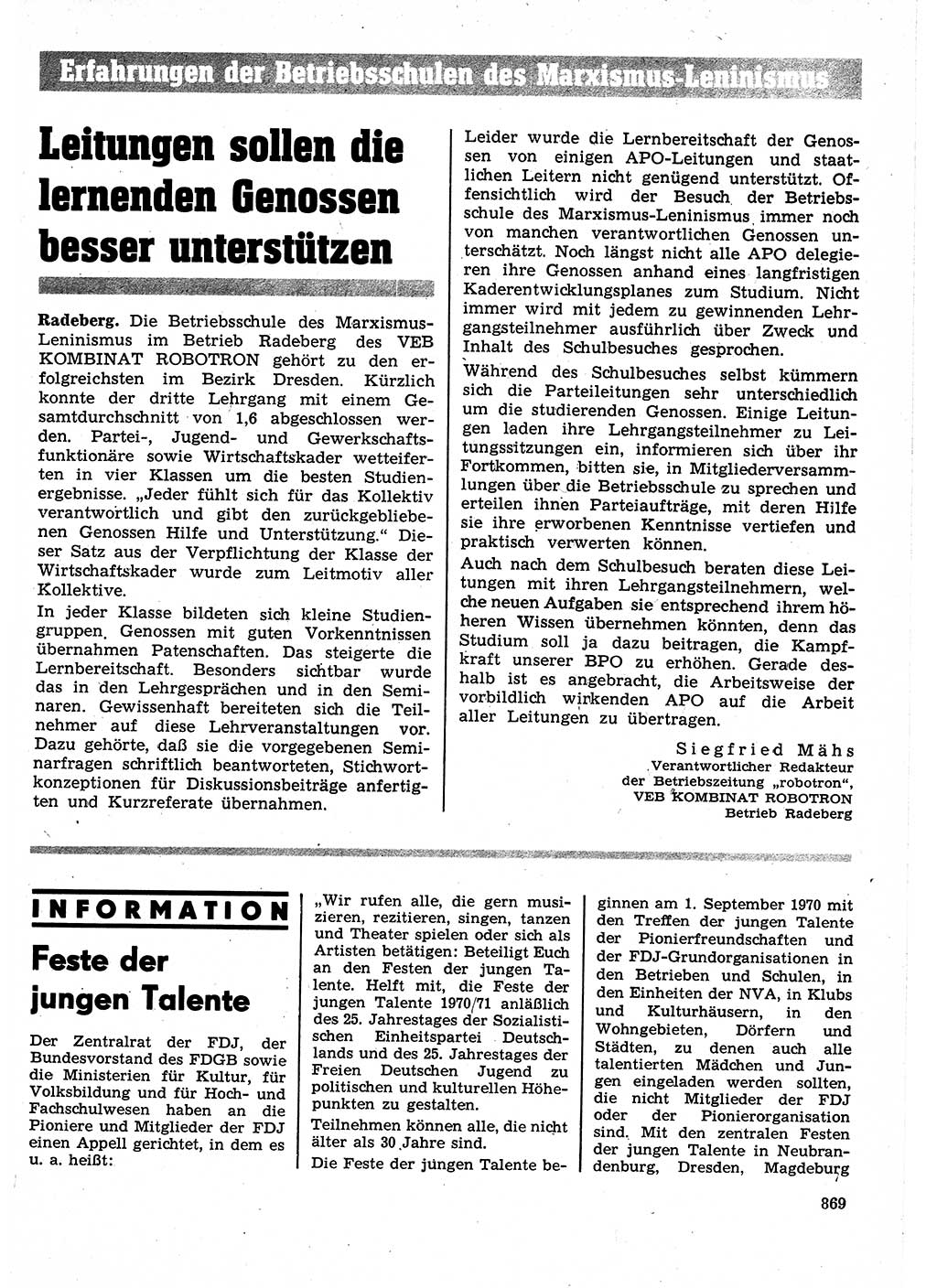 Neuer Weg (NW), Organ des Zentralkomitees (ZK) der SED (Sozialistische Einheitspartei Deutschlands) für Fragen des Parteilebens, 25. Jahrgang [Deutsche Demokratische Republik (DDR)] 1970, Seite 869 (NW ZK SED DDR 1970, S. 869)