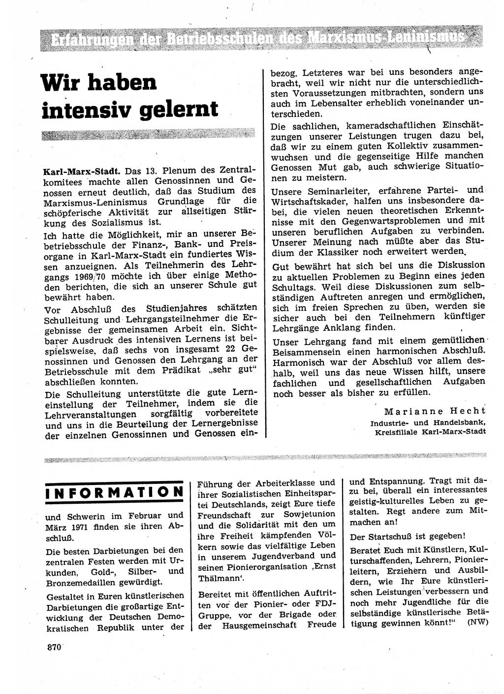 Neuer Weg (NW), Organ des Zentralkomitees (ZK) der SED (Sozialistische Einheitspartei Deutschlands) für Fragen des Parteilebens, 25. Jahrgang [Deutsche Demokratische Republik (DDR)] 1970, Seite 870 (NW ZK SED DDR 1970, S. 870)