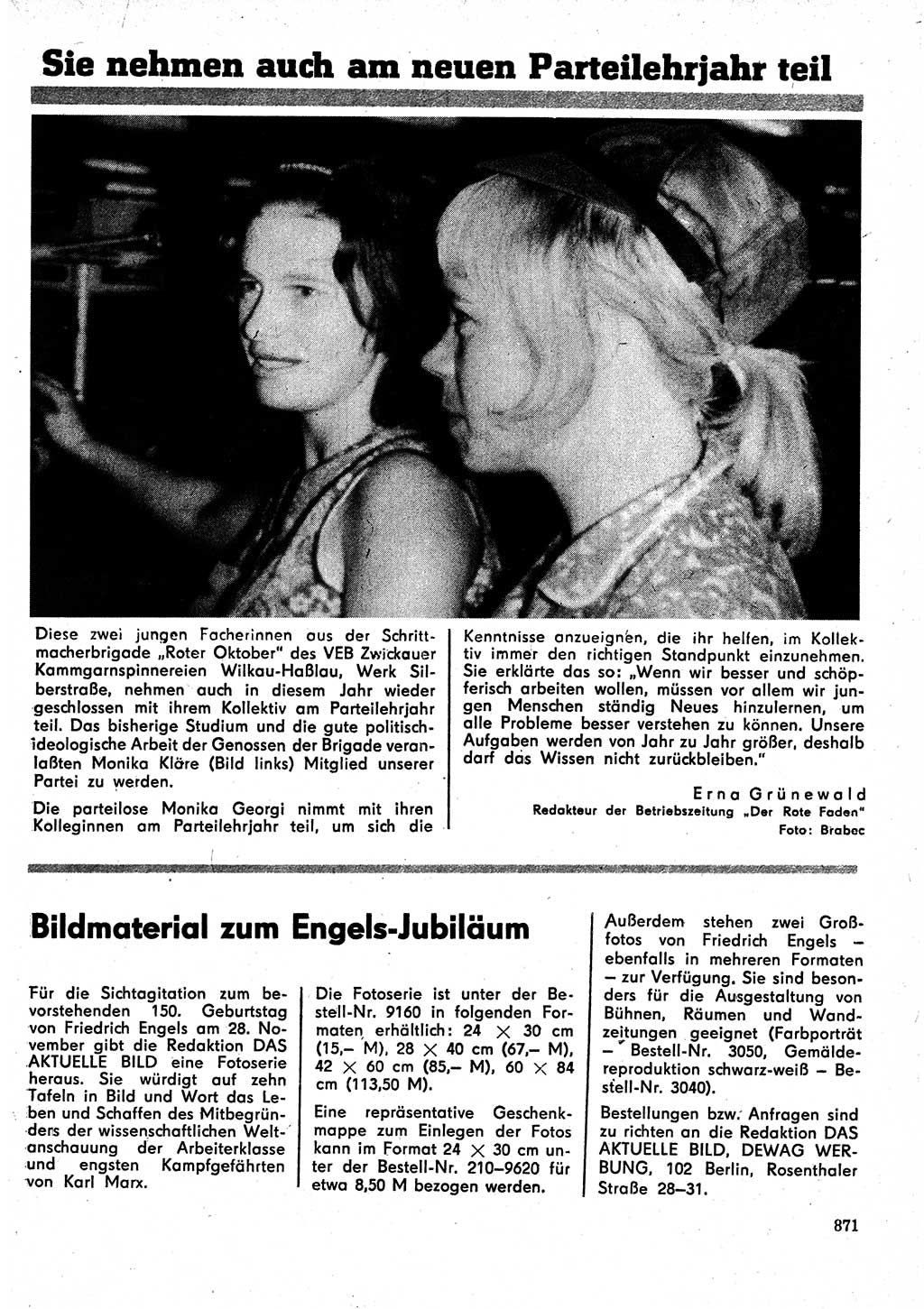 Neuer Weg (NW), Organ des Zentralkomitees (ZK) der SED (Sozialistische Einheitspartei Deutschlands) für Fragen des Parteilebens, 25. Jahrgang [Deutsche Demokratische Republik (DDR)] 1970, Seite 871 (NW ZK SED DDR 1970, S. 871)