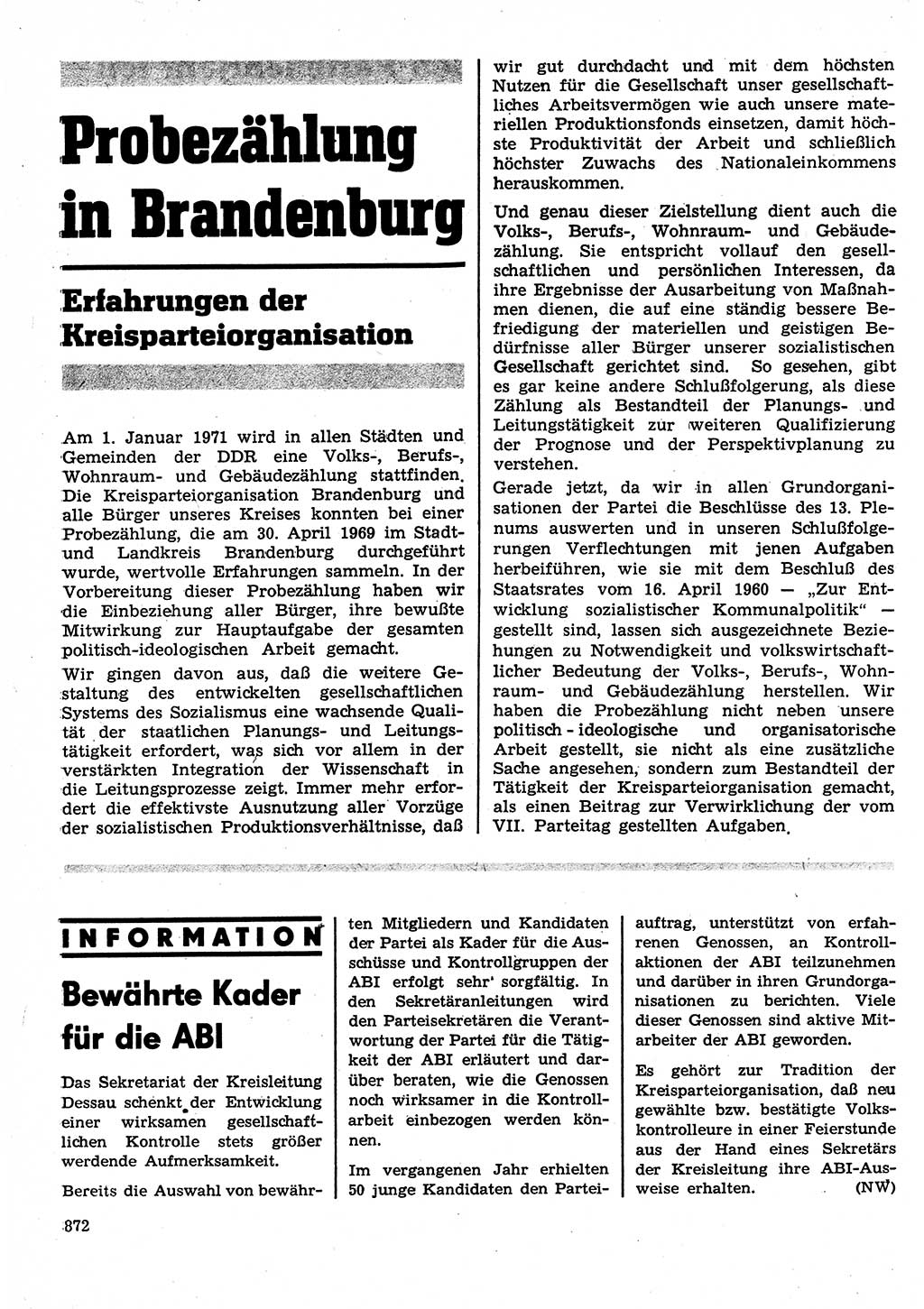 Neuer Weg (NW), Organ des Zentralkomitees (ZK) der SED (Sozialistische Einheitspartei Deutschlands) für Fragen des Parteilebens, 25. Jahrgang [Deutsche Demokratische Republik (DDR)] 1970, Seite 872 (NW ZK SED DDR 1970, S. 872)