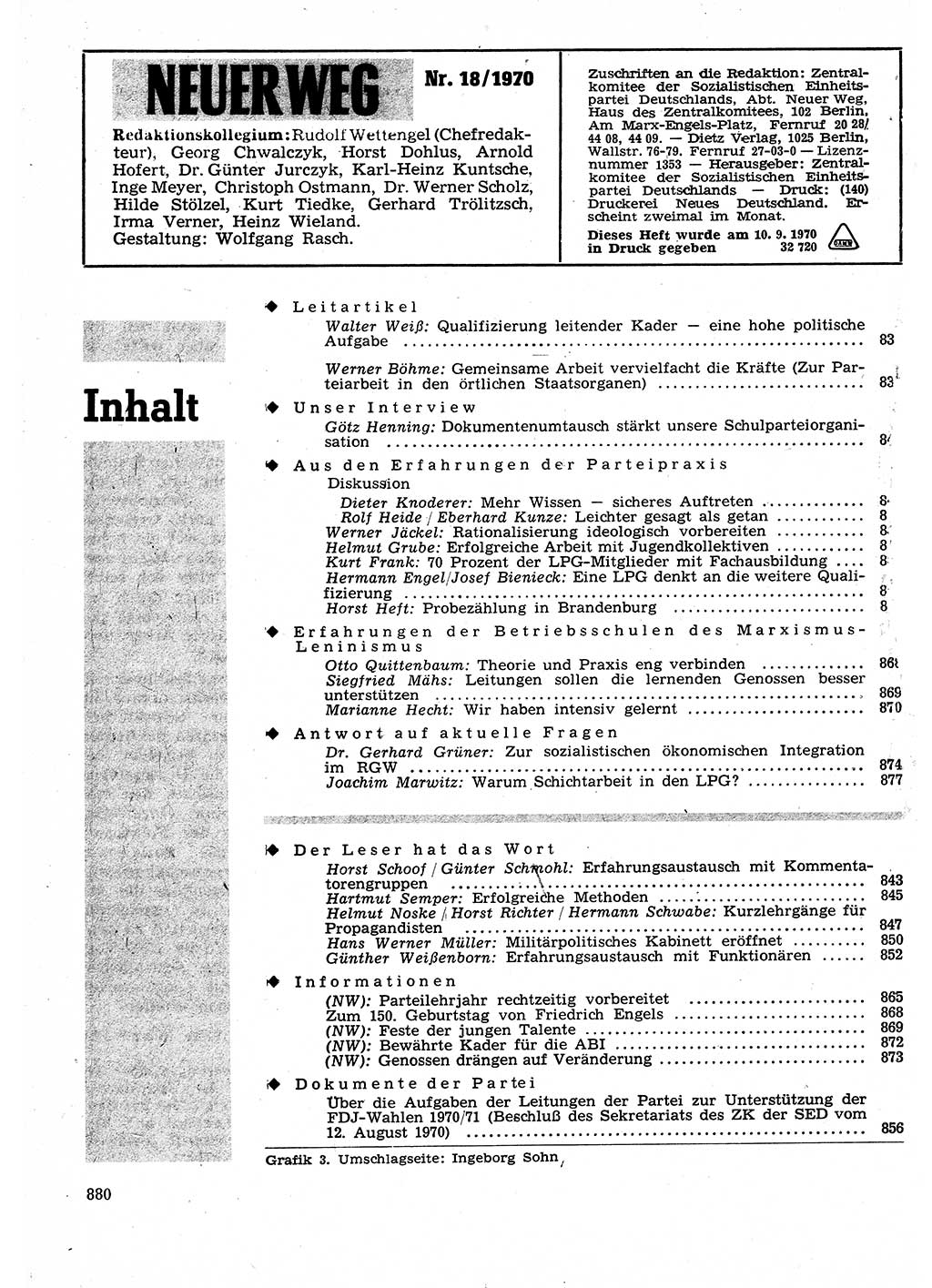 Neuer Weg (NW), Organ des Zentralkomitees (ZK) der SED (Sozialistische Einheitspartei Deutschlands) für Fragen des Parteilebens, 25. Jahrgang [Deutsche Demokratische Republik (DDR)] 1970, Seite 880 (NW ZK SED DDR 1970, S. 880)