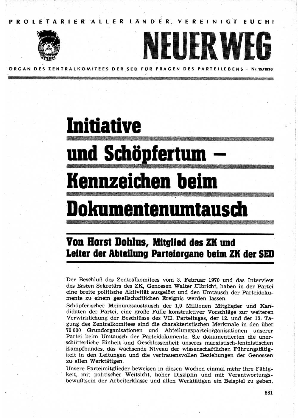 Neuer Weg (NW), Organ des Zentralkomitees (ZK) der SED (Sozialistische Einheitspartei Deutschlands) für Fragen des Parteilebens, 25. Jahrgang [Deutsche Demokratische Republik (DDR)] 1970, Seite 881 (NW ZK SED DDR 1970, S. 881)