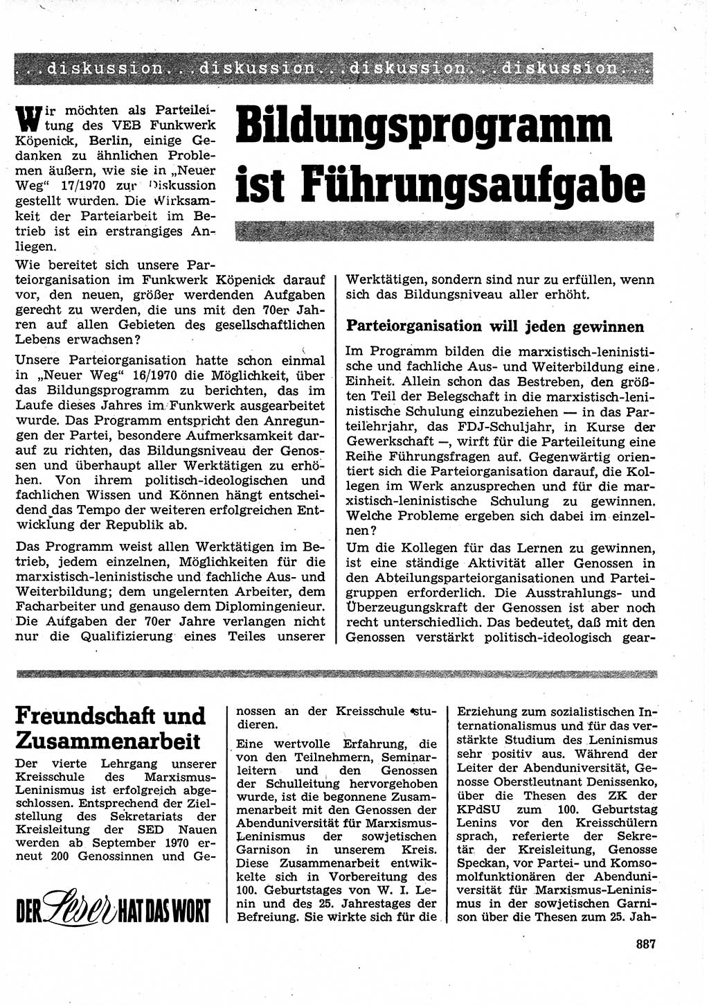 Neuer Weg (NW), Organ des Zentralkomitees (ZK) der SED (Sozialistische Einheitspartei Deutschlands) für Fragen des Parteilebens, 25. Jahrgang [Deutsche Demokratische Republik (DDR)] 1970, Seite 887 (NW ZK SED DDR 1970, S. 887)