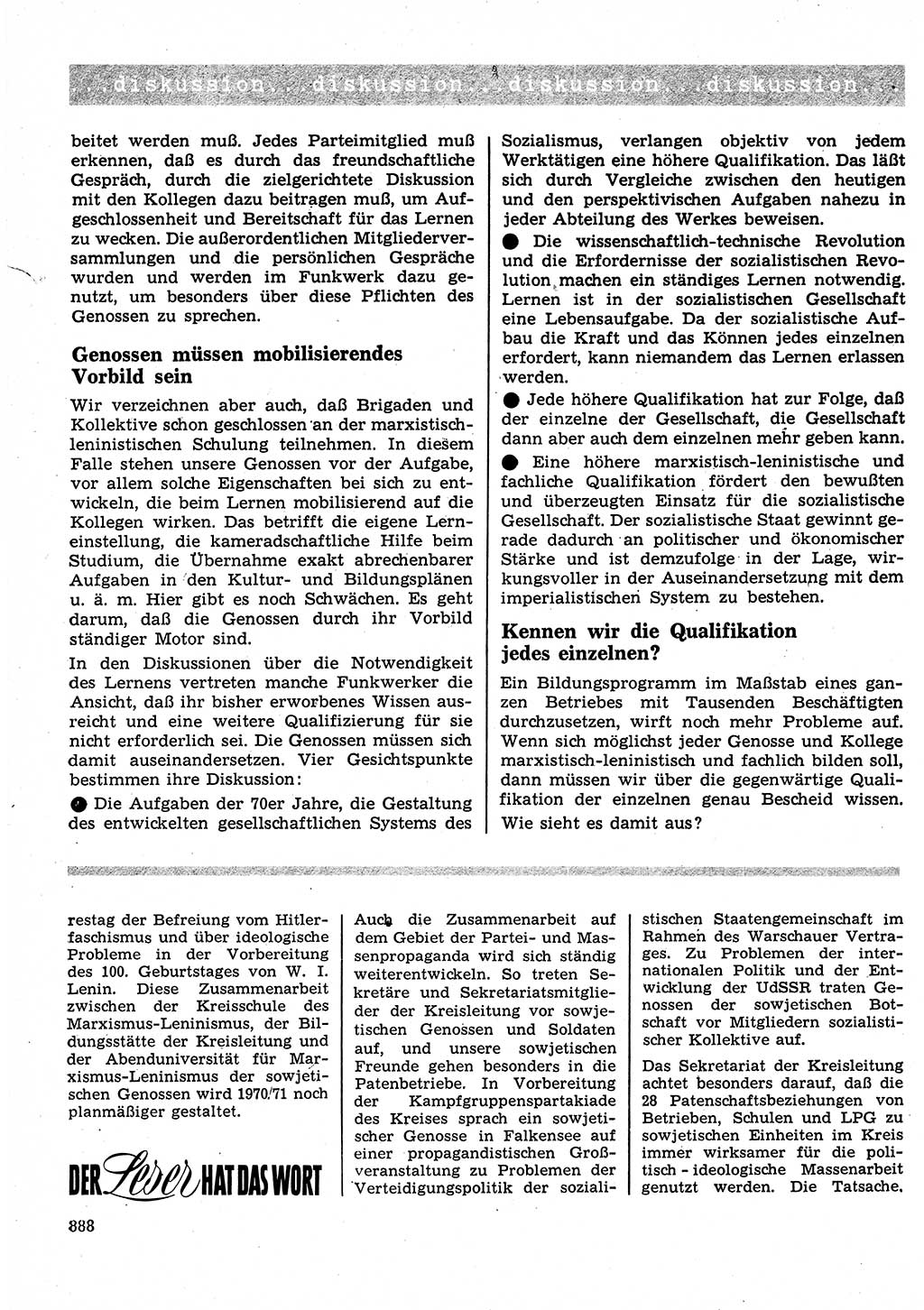 Neuer Weg (NW), Organ des Zentralkomitees (ZK) der SED (Sozialistische Einheitspartei Deutschlands) für Fragen des Parteilebens, 25. Jahrgang [Deutsche Demokratische Republik (DDR)] 1970, Seite 888 (NW ZK SED DDR 1970, S. 888)
