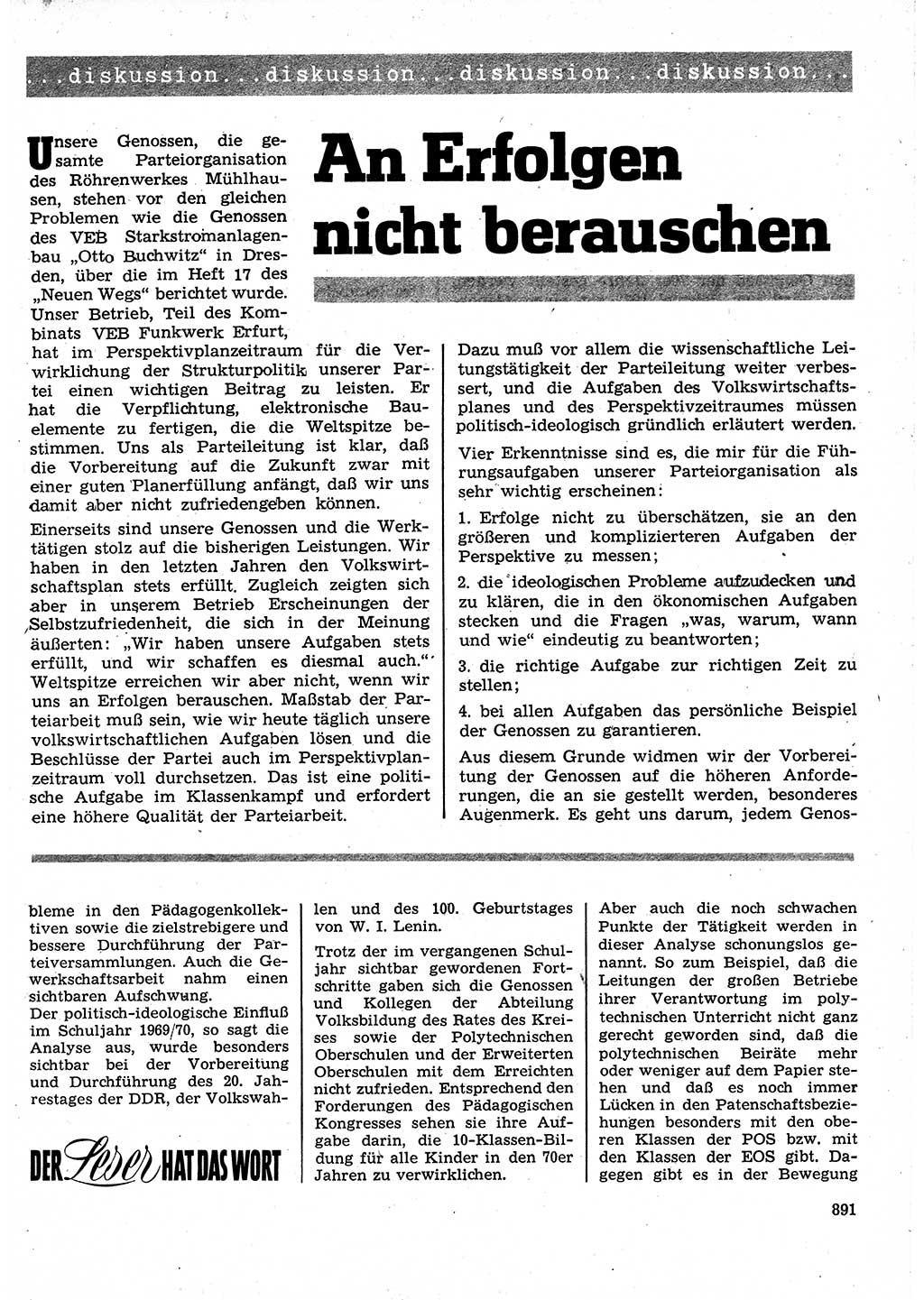 Neuer Weg (NW), Organ des Zentralkomitees (ZK) der SED (Sozialistische Einheitspartei Deutschlands) für Fragen des Parteilebens, 25. Jahrgang [Deutsche Demokratische Republik (DDR)] 1970, Seite 891 (NW ZK SED DDR 1970, S. 891)