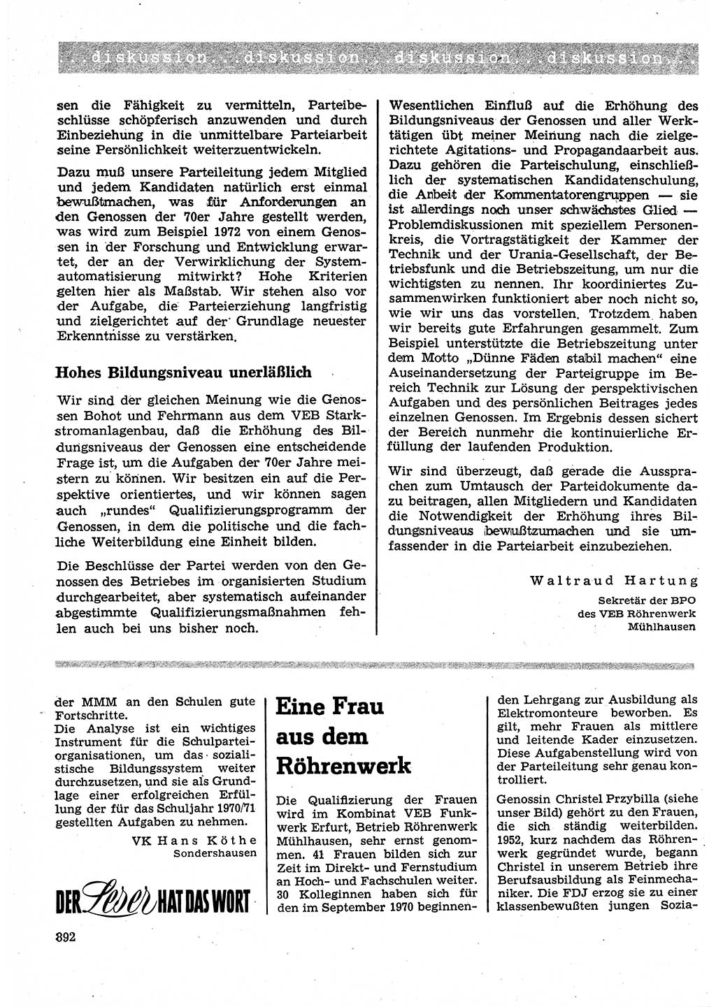 Neuer Weg (NW), Organ des Zentralkomitees (ZK) der SED (Sozialistische Einheitspartei Deutschlands) für Fragen des Parteilebens, 25. Jahrgang [Deutsche Demokratische Republik (DDR)] 1970, Seite 892 (NW ZK SED DDR 1970, S. 892)