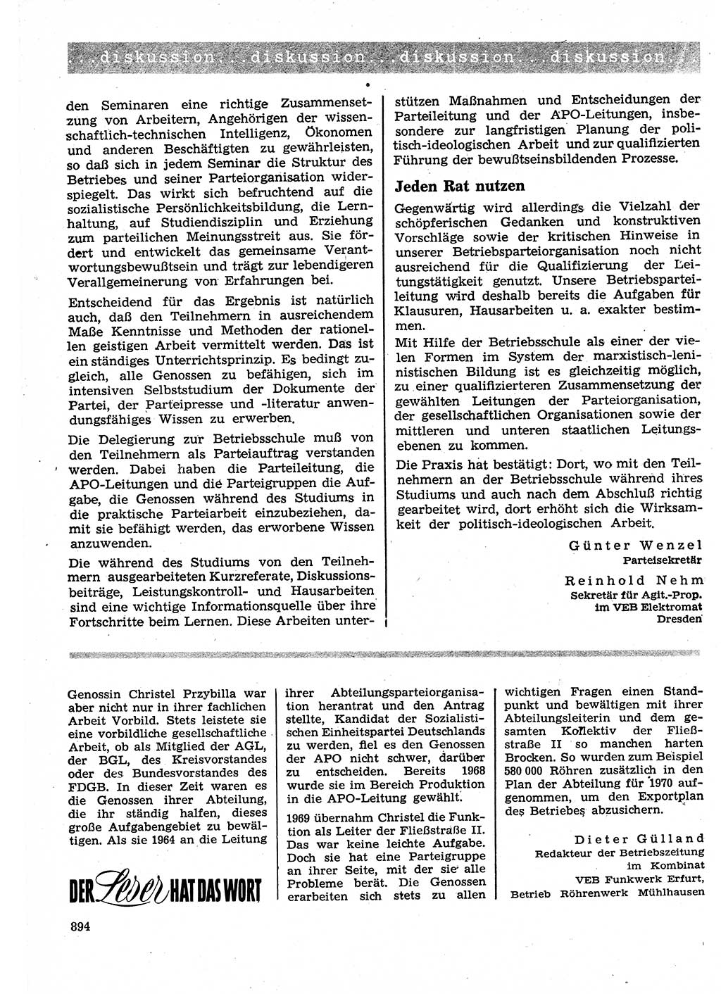 Neuer Weg (NW), Organ des Zentralkomitees (ZK) der SED (Sozialistische Einheitspartei Deutschlands) für Fragen des Parteilebens, 25. Jahrgang [Deutsche Demokratische Republik (DDR)] 1970, Seite 894 (NW ZK SED DDR 1970, S. 894)