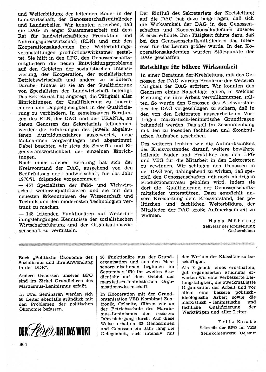 Neuer Weg (NW), Organ des Zentralkomitees (ZK) der SED (Sozialistische Einheitspartei Deutschlands) für Fragen des Parteilebens, 25. Jahrgang [Deutsche Demokratische Republik (DDR)] 1970, Seite 904 (NW ZK SED DDR 1970, S. 904)