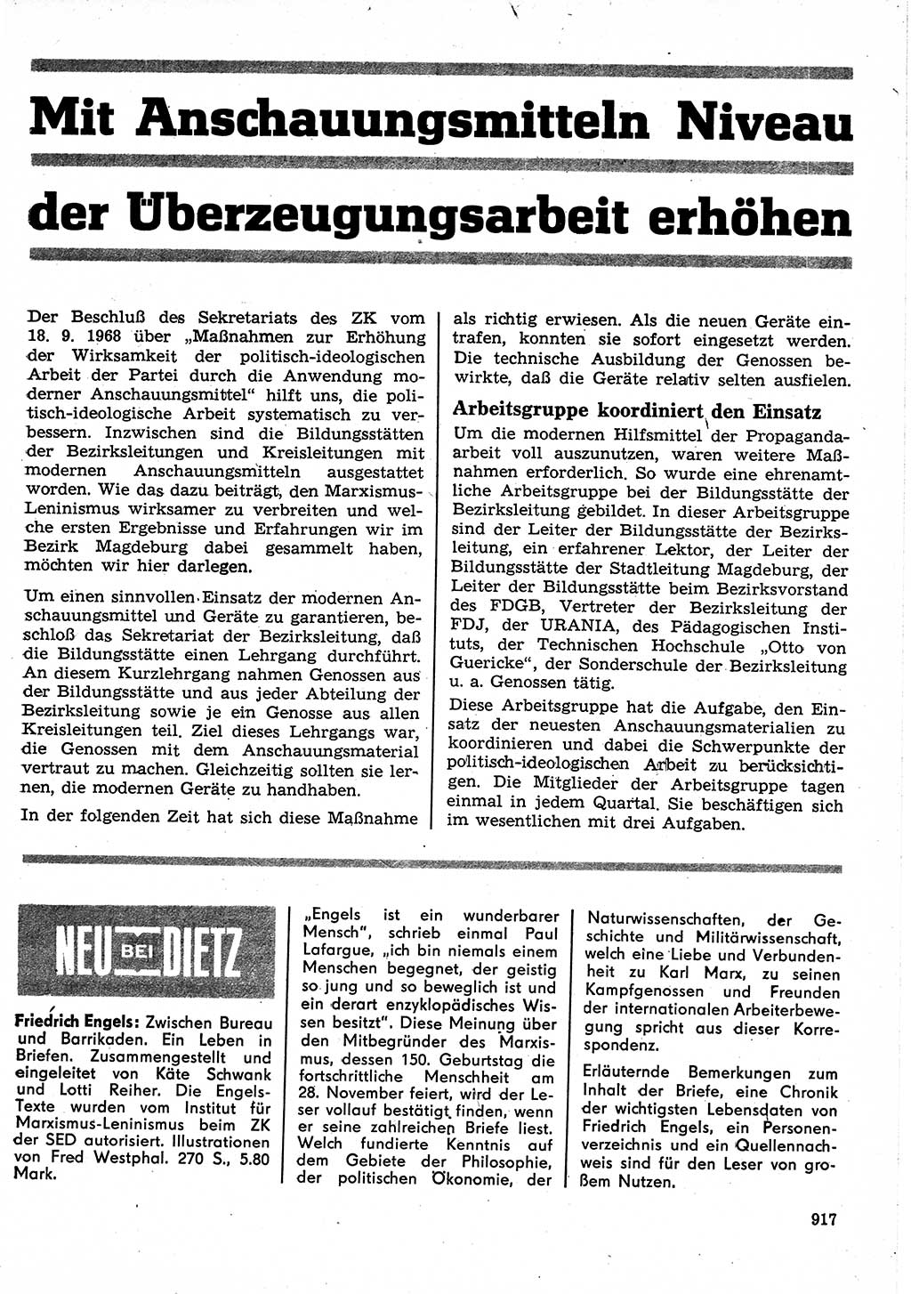 Neuer Weg (NW), Organ des Zentralkomitees (ZK) der SED (Sozialistische Einheitspartei Deutschlands) für Fragen des Parteilebens, 25. Jahrgang [Deutsche Demokratische Republik (DDR)] 1970, Seite 917 (NW ZK SED DDR 1970, S. 917)