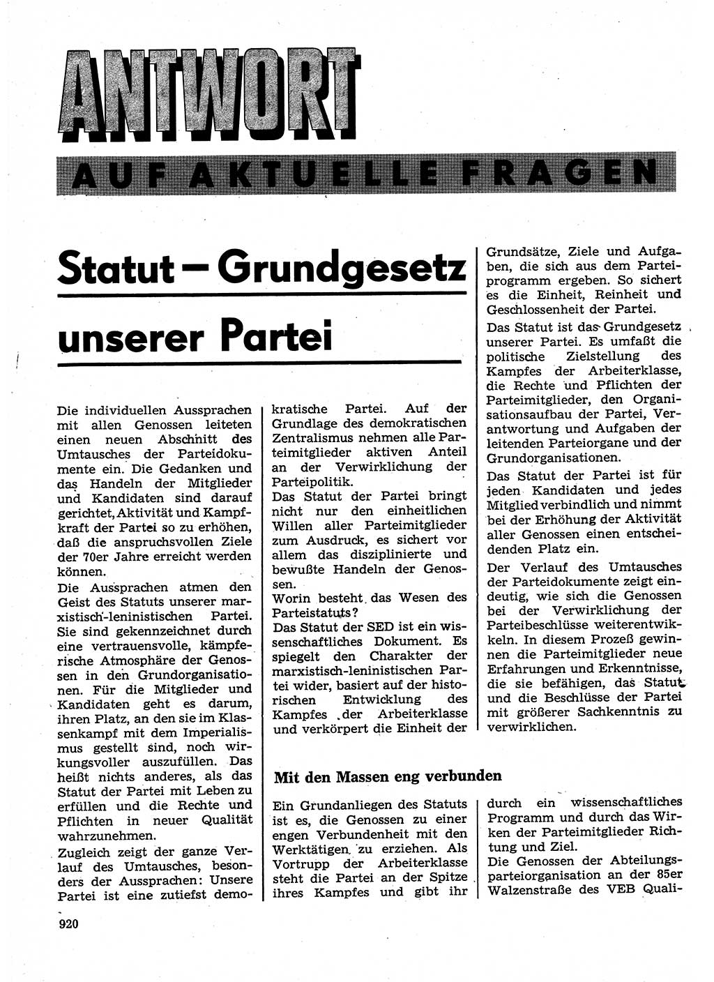 Neuer Weg (NW), Organ des Zentralkomitees (ZK) der SED (Sozialistische Einheitspartei Deutschlands) für Fragen des Parteilebens, 25. Jahrgang [Deutsche Demokratische Republik (DDR)] 1970, Seite 920 (NW ZK SED DDR 1970, S. 920)