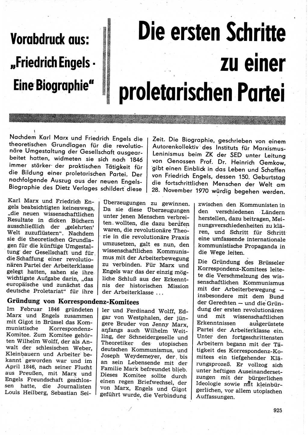 Neuer Weg (NW), Organ des Zentralkomitees (ZK) der SED (Sozialistische Einheitspartei Deutschlands) für Fragen des Parteilebens, 25. Jahrgang [Deutsche Demokratische Republik (DDR)] 1970, Seite 925 (NW ZK SED DDR 1970, S. 925)