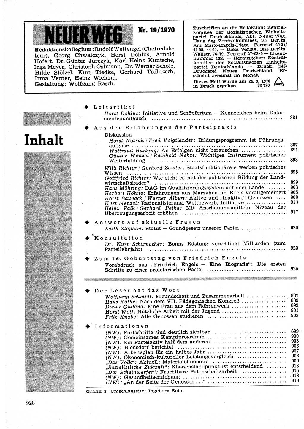 Neuer Weg (NW), Organ des Zentralkomitees (ZK) der SED (Sozialistische Einheitspartei Deutschlands) für Fragen des Parteilebens, 25. Jahrgang [Deutsche Demokratische Republik (DDR)] 1970, Seite 928 (NW ZK SED DDR 1970, S. 928)