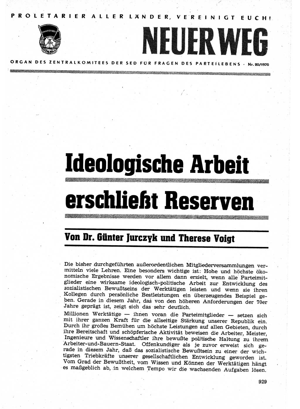 Neuer Weg (NW), Organ des Zentralkomitees (ZK) der SED (Sozialistische Einheitspartei Deutschlands) für Fragen des Parteilebens, 25. Jahrgang [Deutsche Demokratische Republik (DDR)] 1970, Seite 929 (NW ZK SED DDR 1970, S. 929)