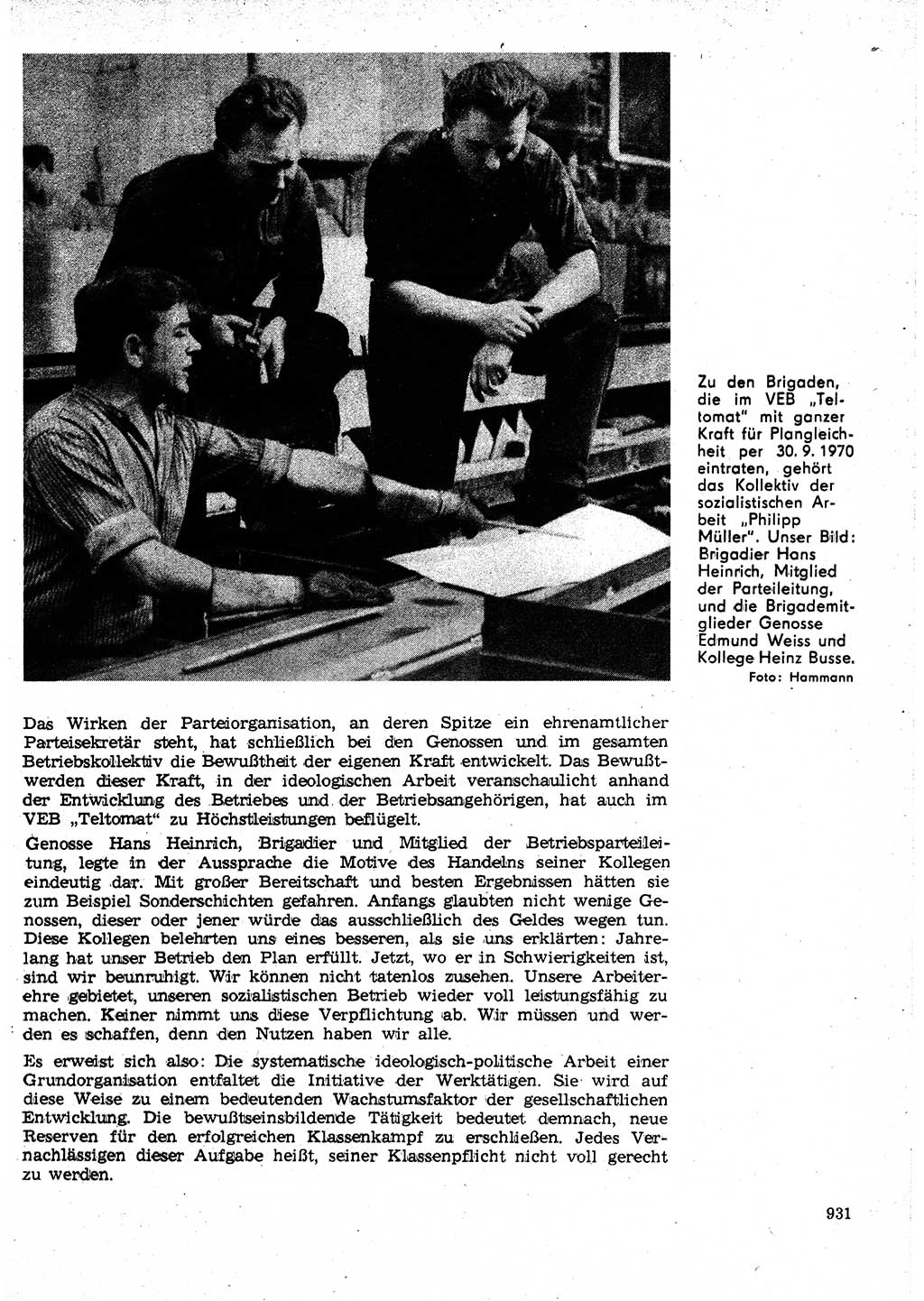 Neuer Weg (NW), Organ des Zentralkomitees (ZK) der SED (Sozialistische Einheitspartei Deutschlands) für Fragen des Parteilebens, 25. Jahrgang [Deutsche Demokratische Republik (DDR)] 1970, Seite 931 (NW ZK SED DDR 1970, S. 931)