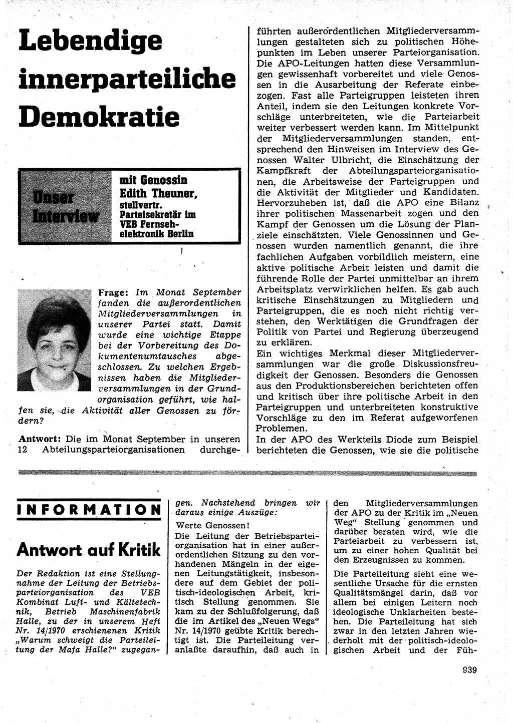 Neuer Weg (NW), Organ des Zentralkomitees (ZK) der SED (Sozialistische Einheitspartei Deutschlands) für Fragen des Parteilebens, 25. Jahrgang [Deutsche Demokratische Republik (DDR)] 1970, Seite 939 (NW ZK SED DDR 1970, S. 939)