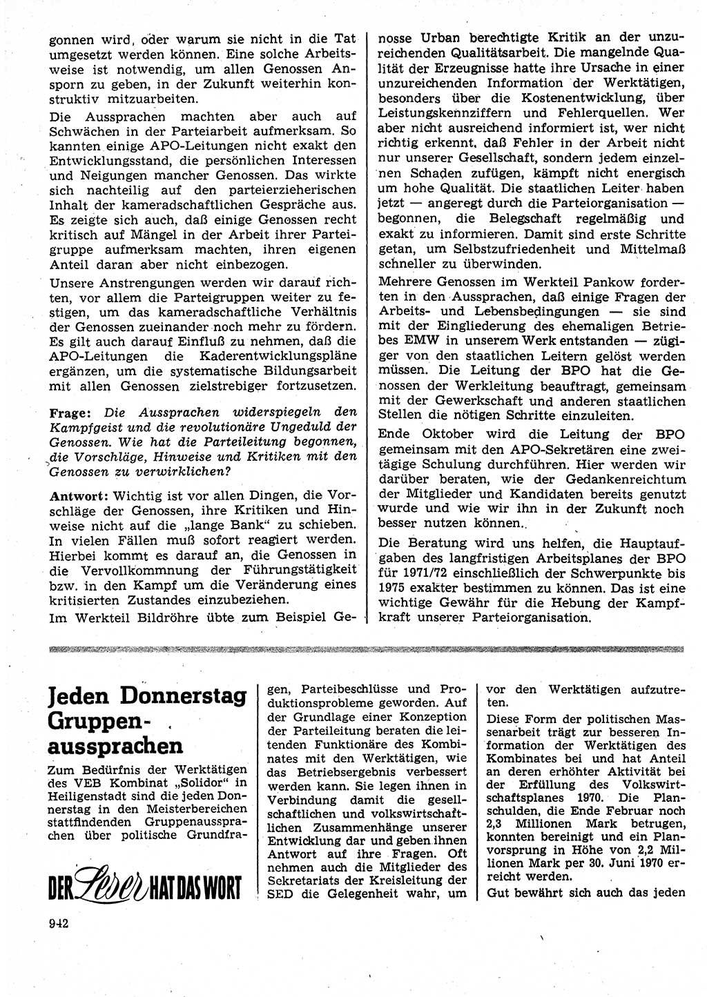 Neuer Weg (NW), Organ des Zentralkomitees (ZK) der SED (Sozialistische Einheitspartei Deutschlands) für Fragen des Parteilebens, 25. Jahrgang [Deutsche Demokratische Republik (DDR)] 1970, Seite 942 (NW ZK SED DDR 1970, S. 942)