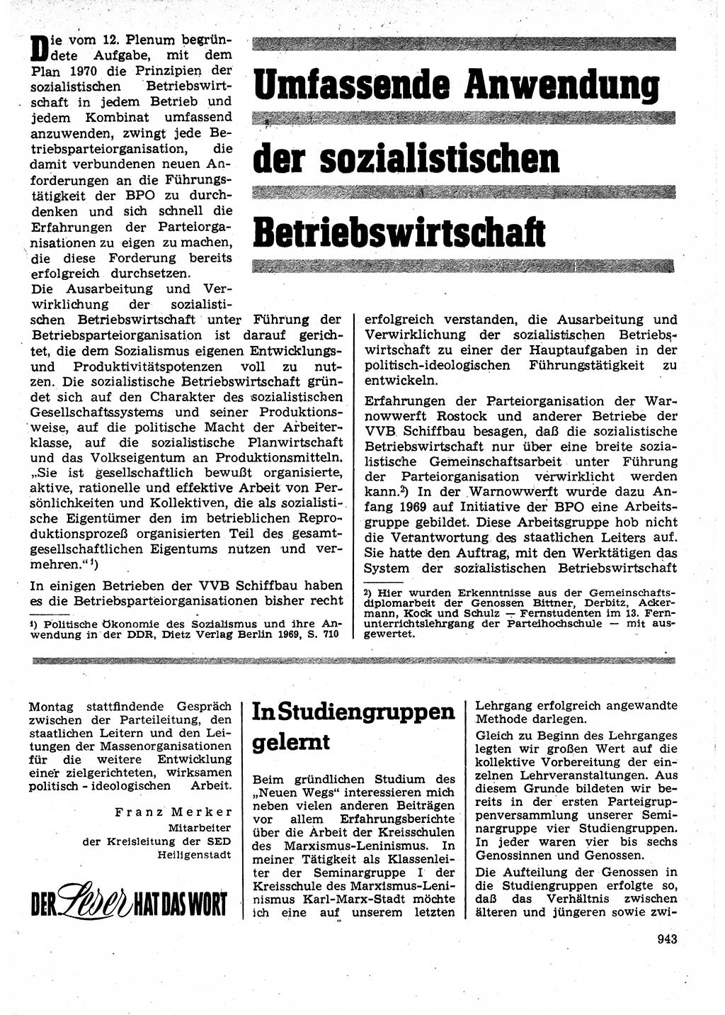Neuer Weg (NW), Organ des Zentralkomitees (ZK) der SED (Sozialistische Einheitspartei Deutschlands) für Fragen des Parteilebens, 25. Jahrgang [Deutsche Demokratische Republik (DDR)] 1970, Seite 943 (NW ZK SED DDR 1970, S. 943)