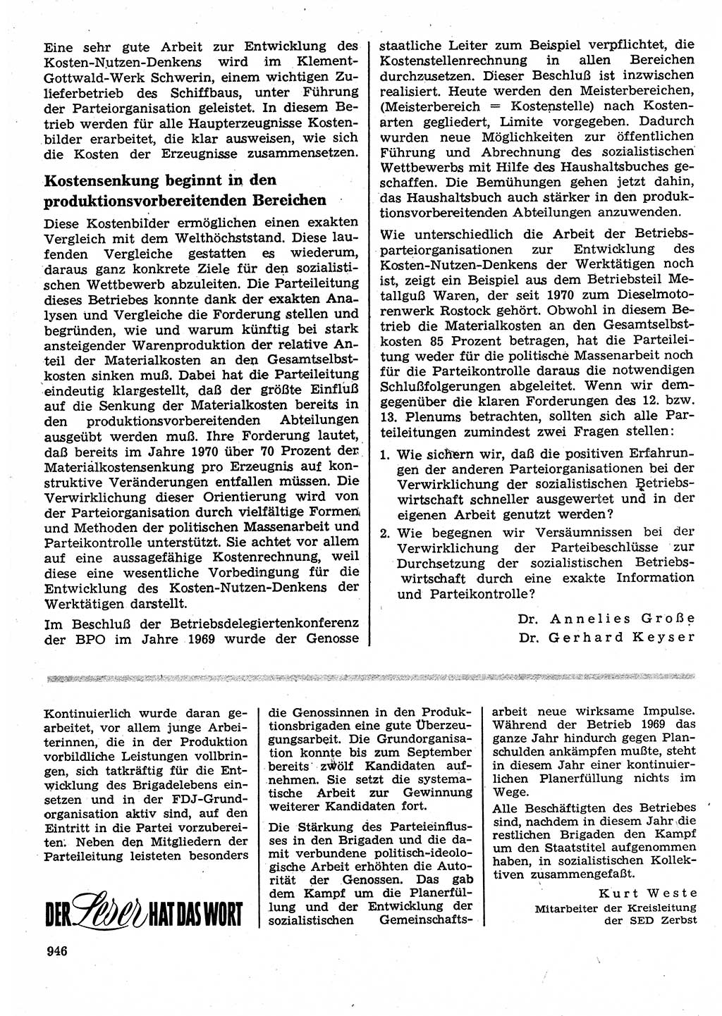 Neuer Weg (NW), Organ des Zentralkomitees (ZK) der SED (Sozialistische Einheitspartei Deutschlands) für Fragen des Parteilebens, 25. Jahrgang [Deutsche Demokratische Republik (DDR)] 1970, Seite 946 (NW ZK SED DDR 1970, S. 946)