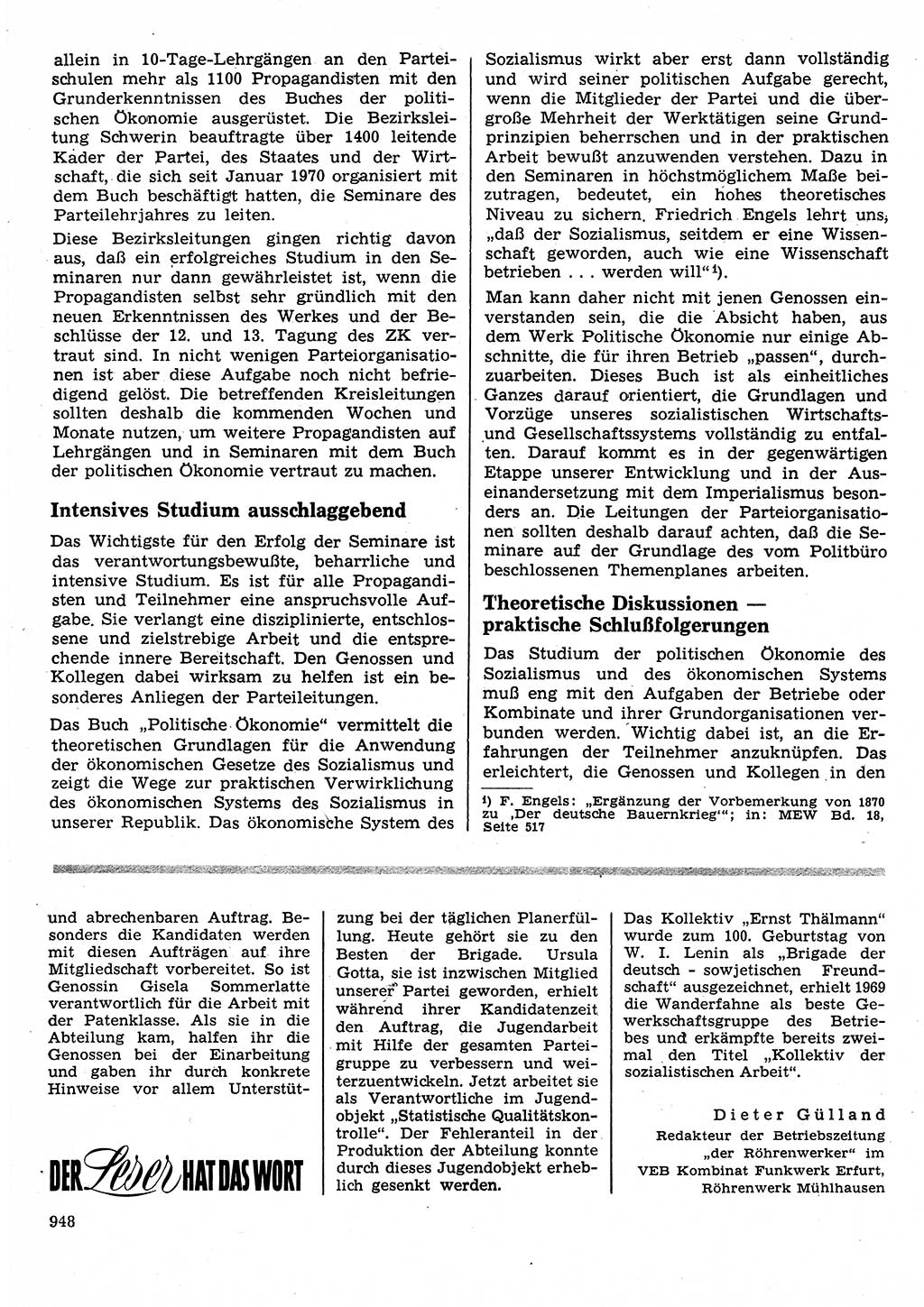 Neuer Weg (NW), Organ des Zentralkomitees (ZK) der SED (Sozialistische Einheitspartei Deutschlands) für Fragen des Parteilebens, 25. Jahrgang [Deutsche Demokratische Republik (DDR)] 1970, Seite 948 (NW ZK SED DDR 1970, S. 948)