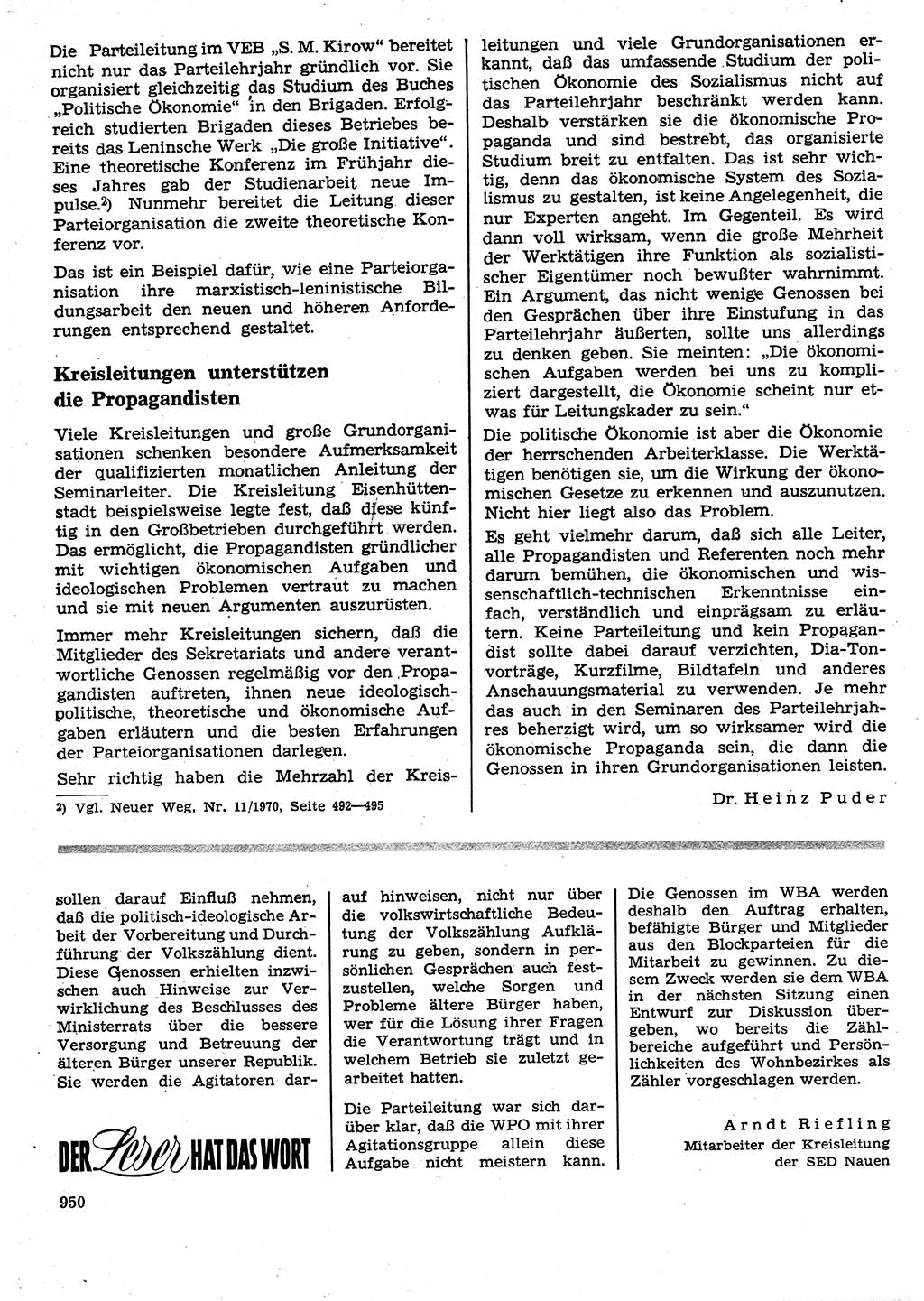 Neuer Weg (NW), Organ des Zentralkomitees (ZK) der SED (Sozialistische Einheitspartei Deutschlands) für Fragen des Parteilebens, 25. Jahrgang [Deutsche Demokratische Republik (DDR)] 1970, Seite 950 (NW ZK SED DDR 1970, S. 950)