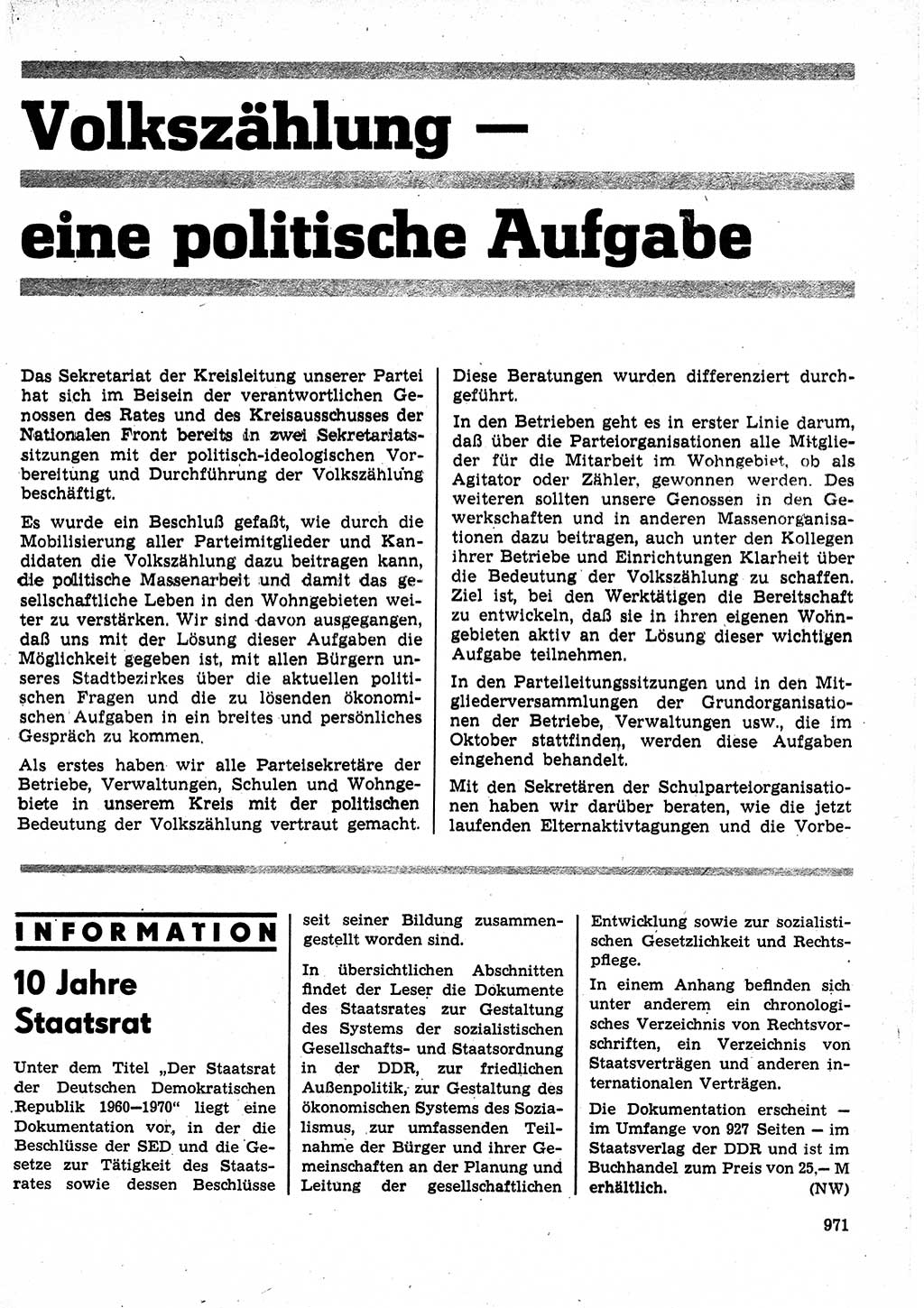 Neuer Weg (NW), Organ des Zentralkomitees (ZK) der SED (Sozialistische Einheitspartei Deutschlands) für Fragen des Parteilebens, 25. Jahrgang [Deutsche Demokratische Republik (DDR)] 1970, Seite 971 (NW ZK SED DDR 1970, S. 971)